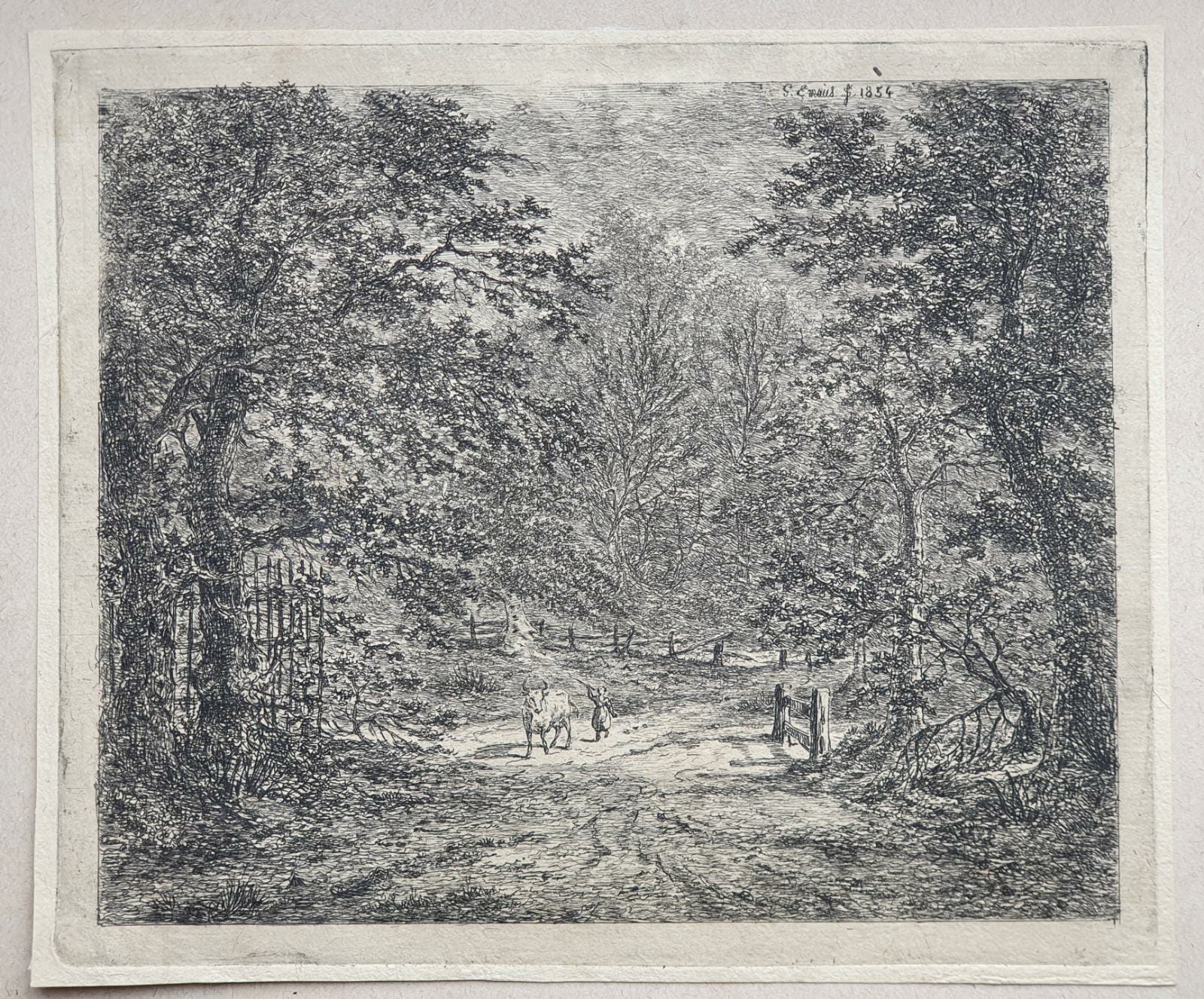 [Original etching, ets] G.E. de Micault. The cow in the Bentheim forest. (state II), published 1854.