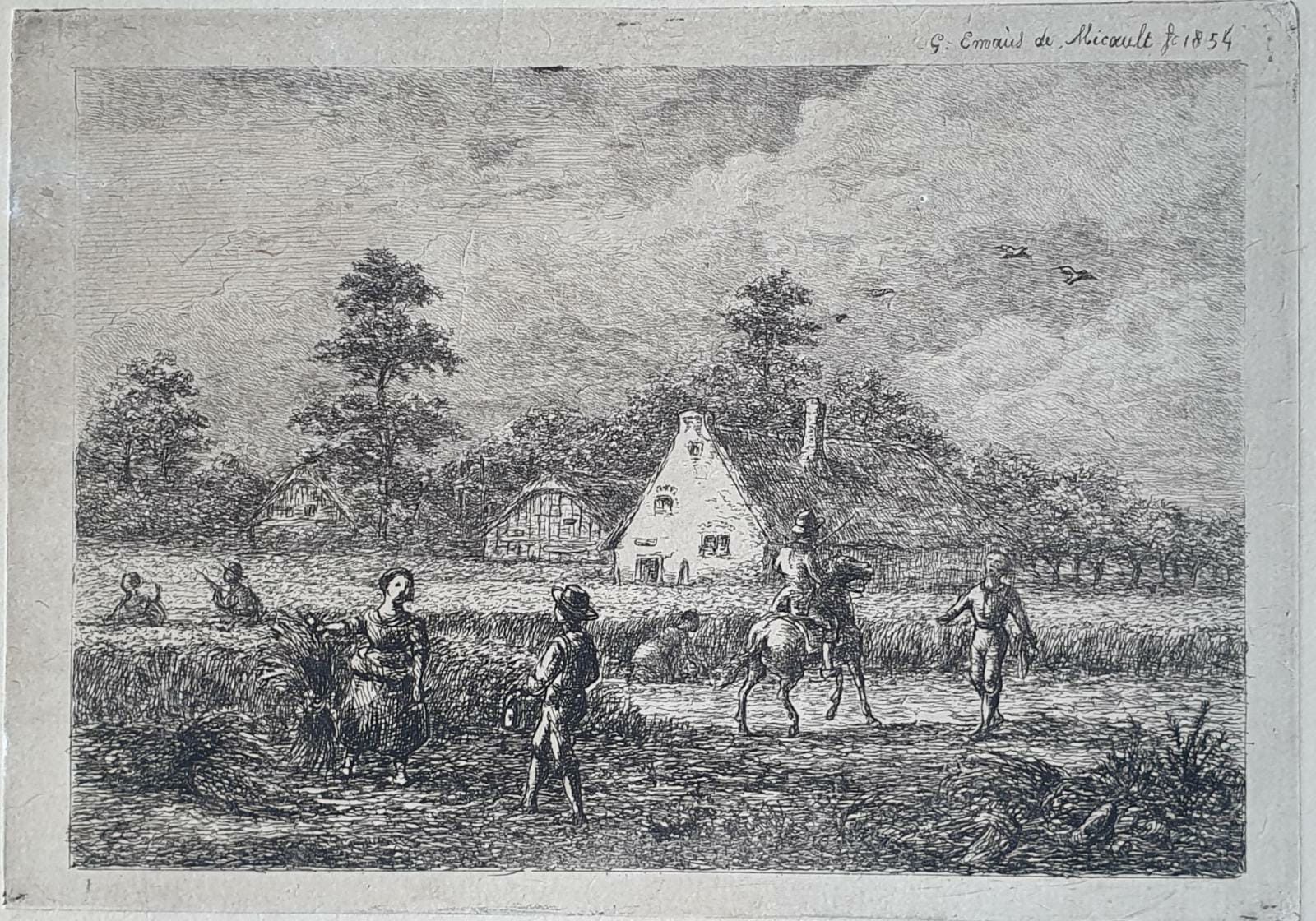 [Original etching, ets] G.E. de Micault. The harvest at the village of Houten, published 1854.