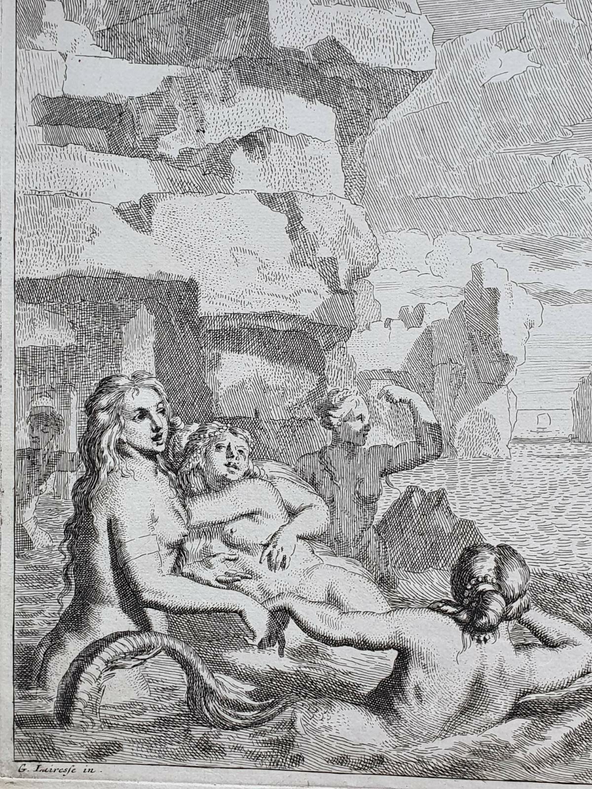 [Antique print, etching/ets] Odysseus and the mermaids/sirens (Odysseus en de sirenen), published 1650-1750.