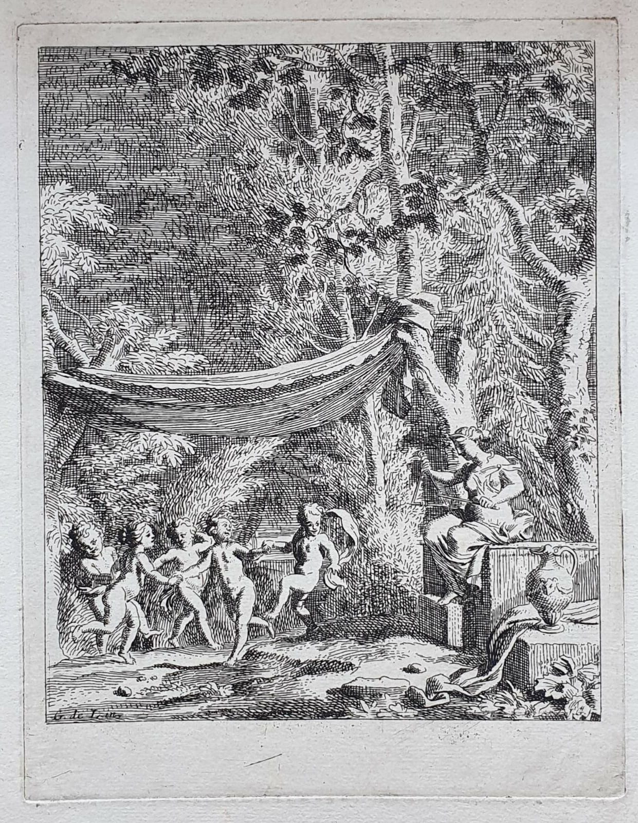[Antique print, etching/ets] Five putti dance to the music of a triangle, published 1650-1750.