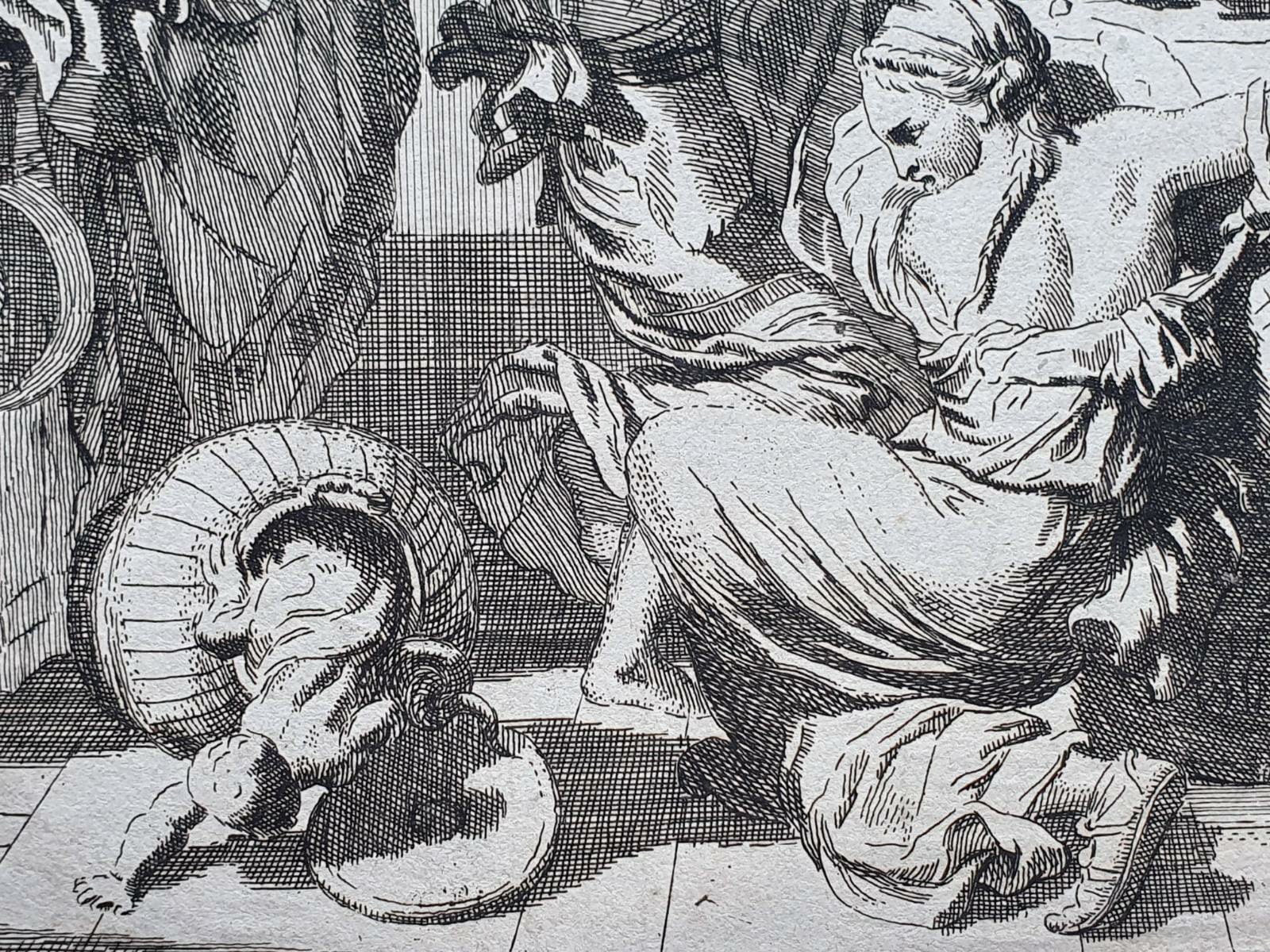 [Antique print, etching/ets] Herse and Agraulos open the basket with the child Erichthonius, published 1650-1750.