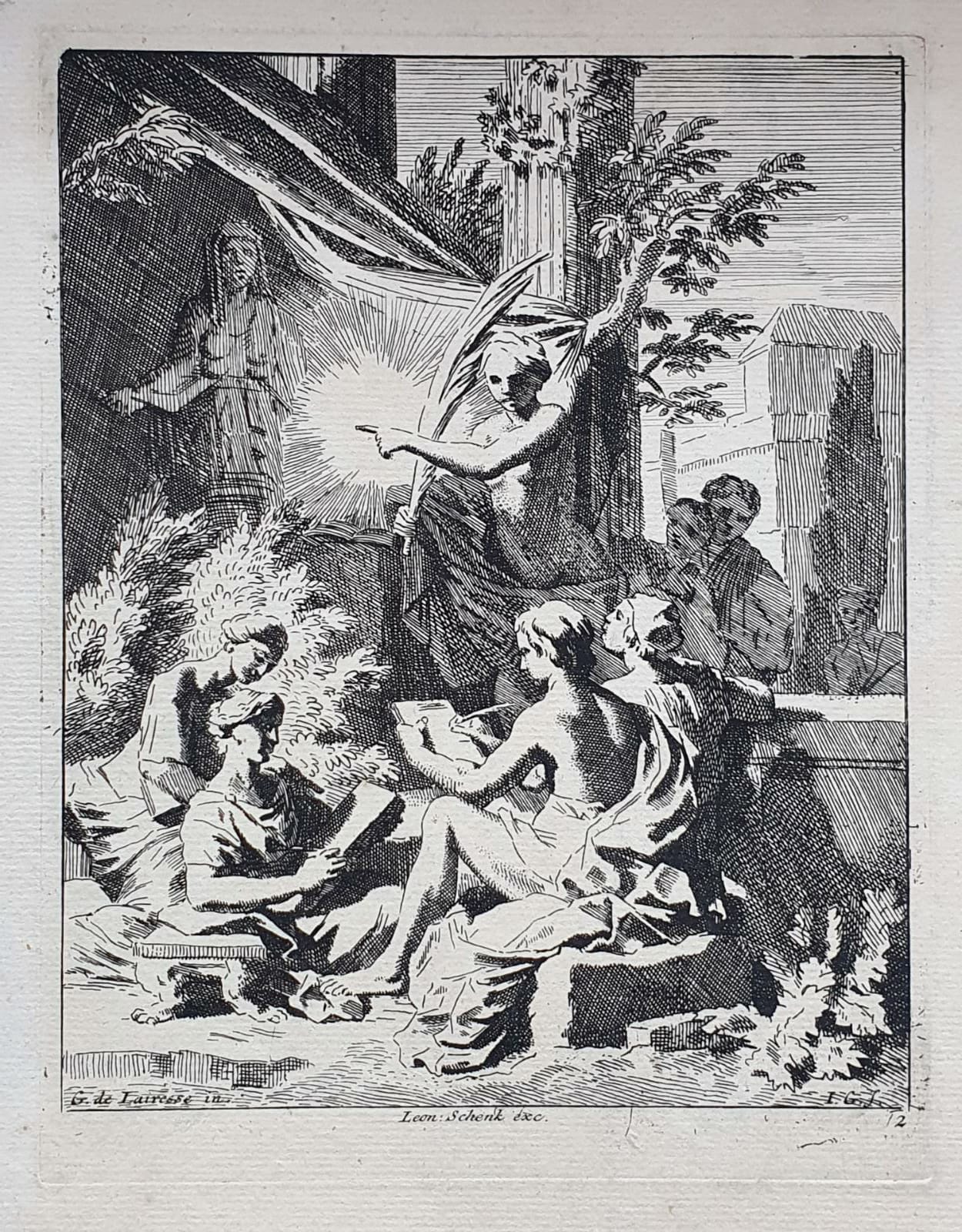 [Antique print, etching/ets] Allegory on the art of drawing (Allegorie tekenkunst), published 1650-1750.