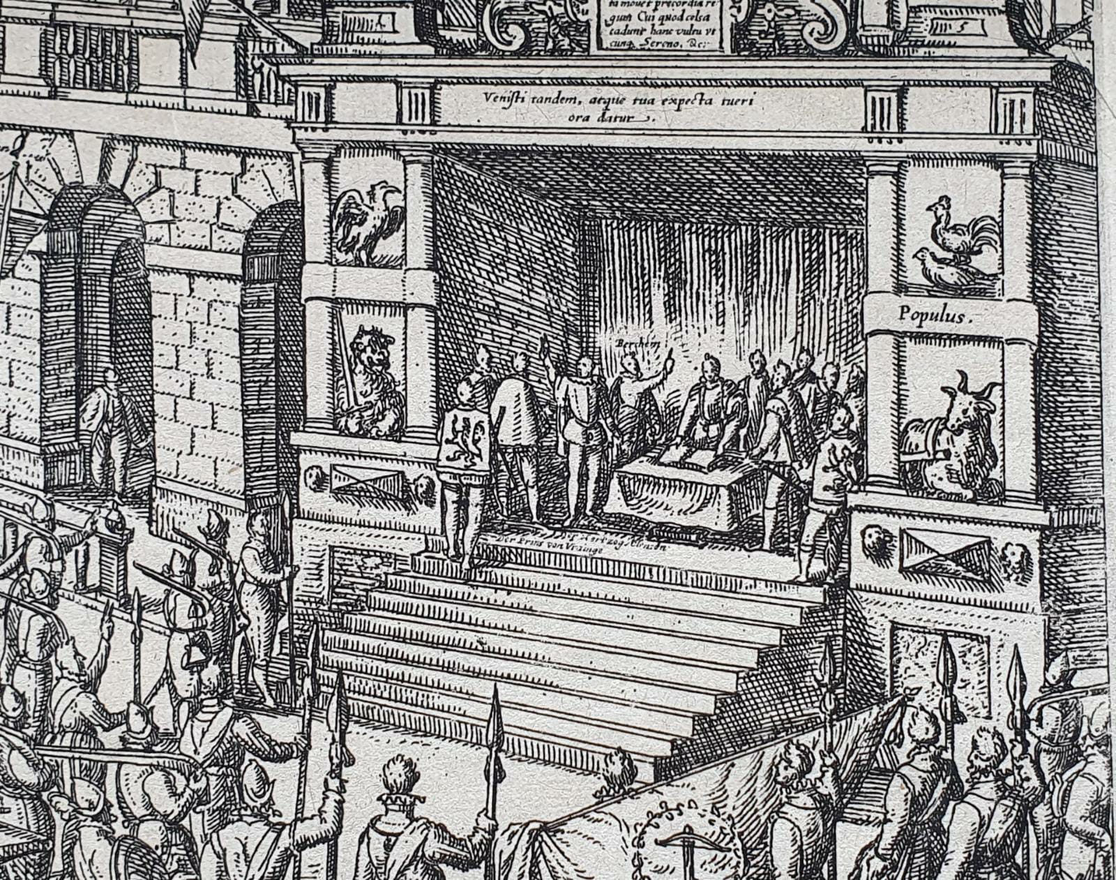 [Antique etching, ets, history print] F. Hogenberg, Anjou takes the oath to the city of Antwerp, published before 1600.