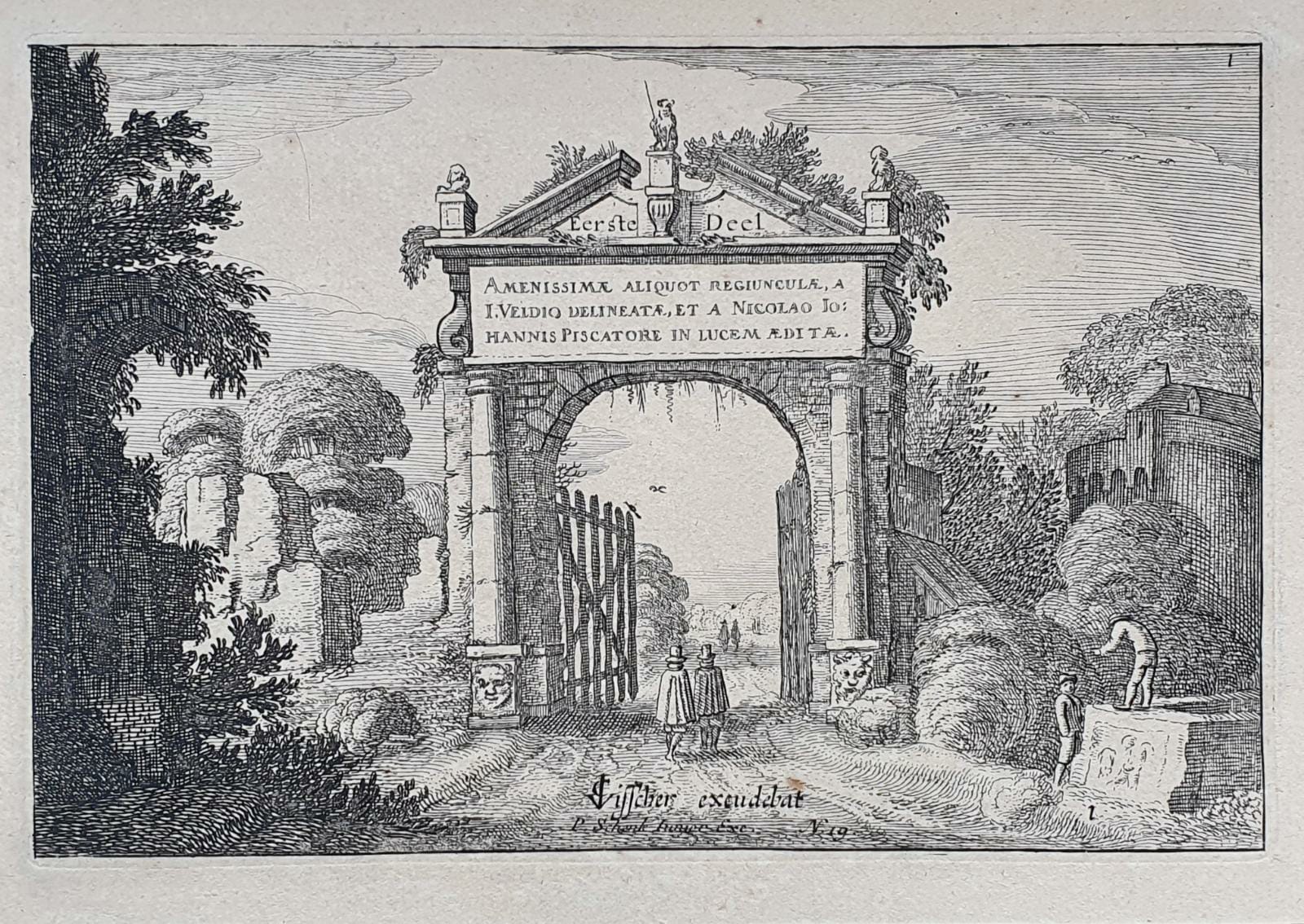[Antique etching, ets, landscape print] J. v.d. Velde II, Title page of part 1 of the set of Landscapes.