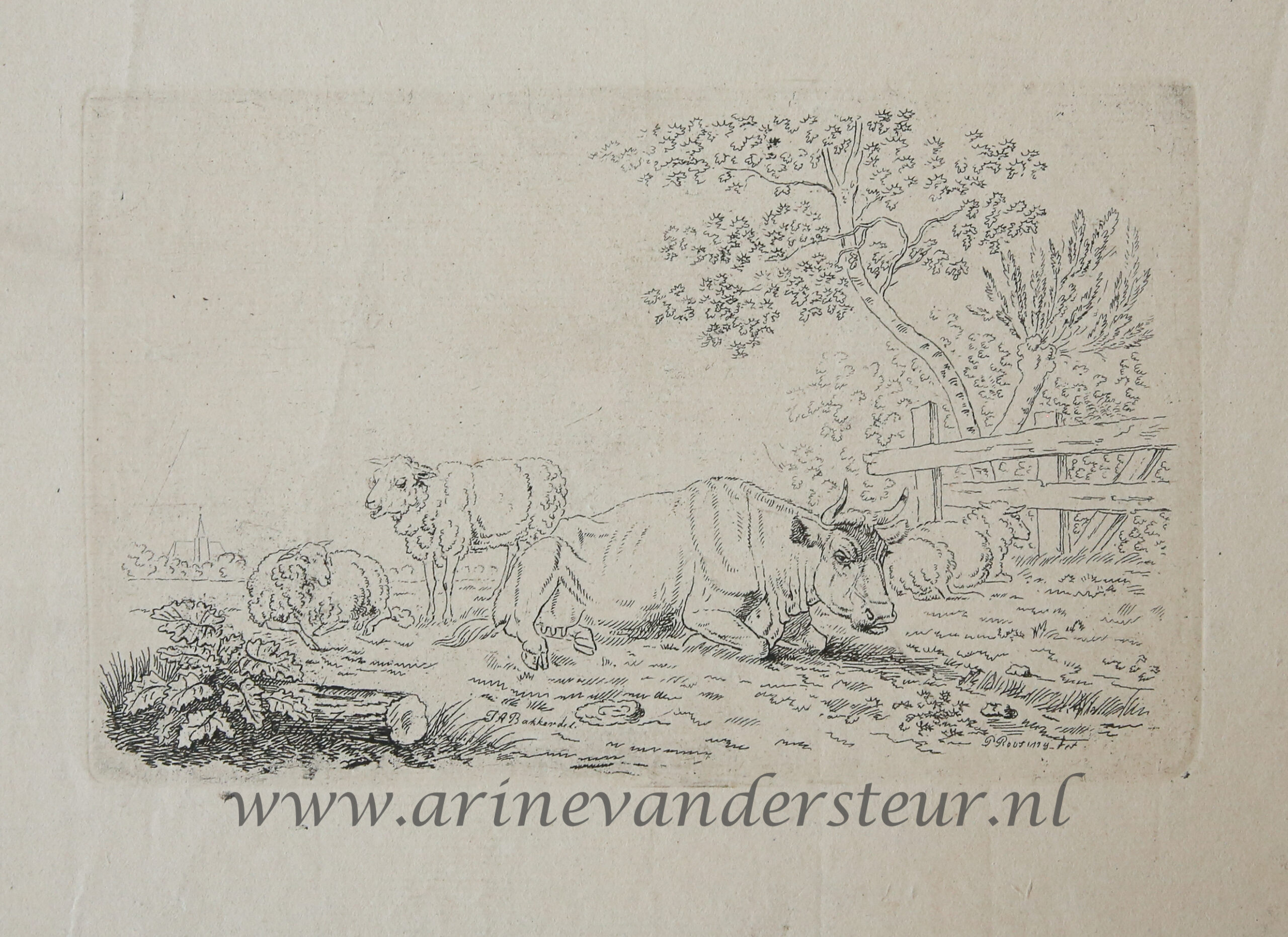 [Original etching, ets] P. Roosing after J. A. Bakker (1796-1876). Cattle in a meadow, published 1800-1850.