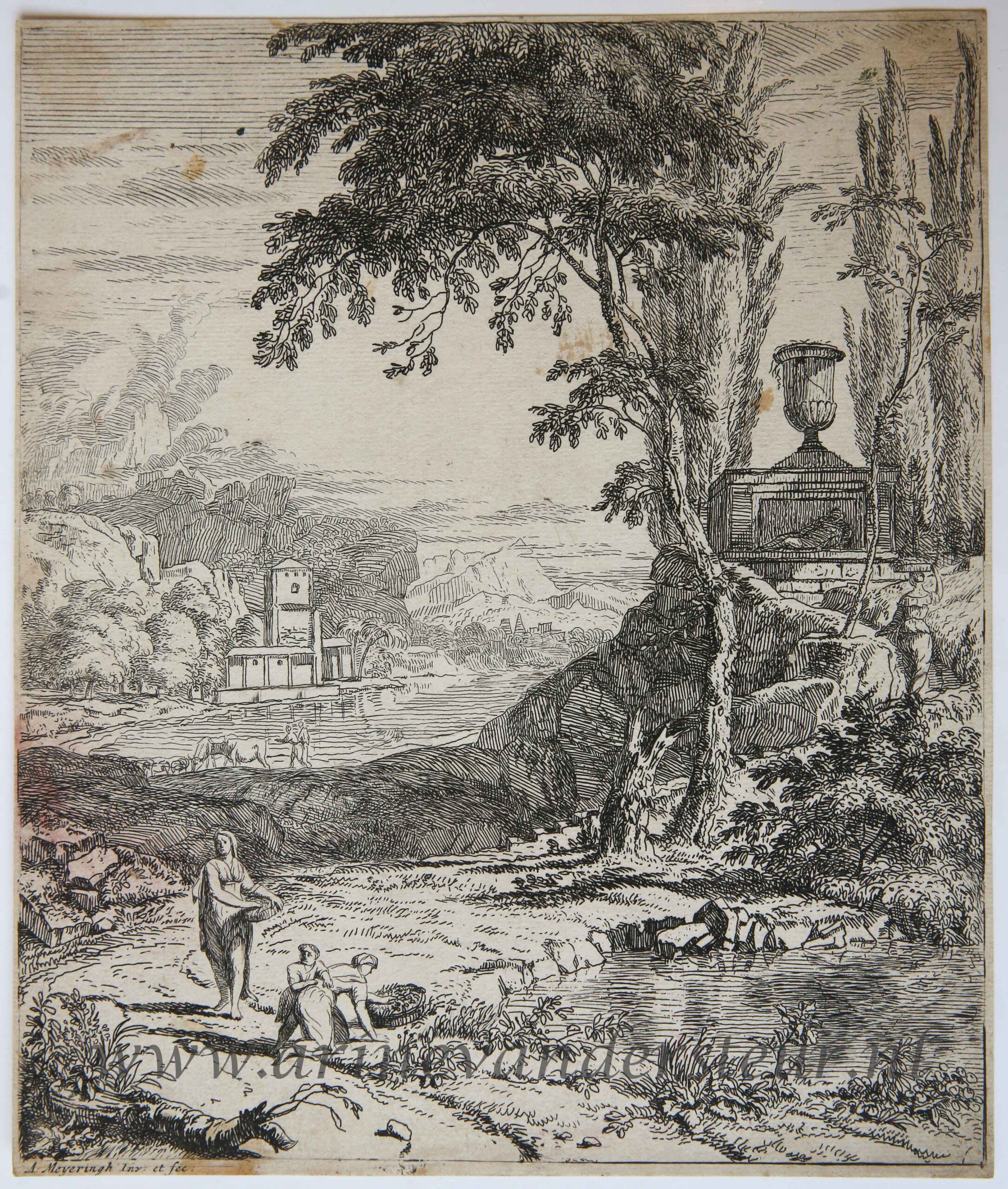 [Antique print, etching/ets] Italian landscape by the water, published 1650-1700.