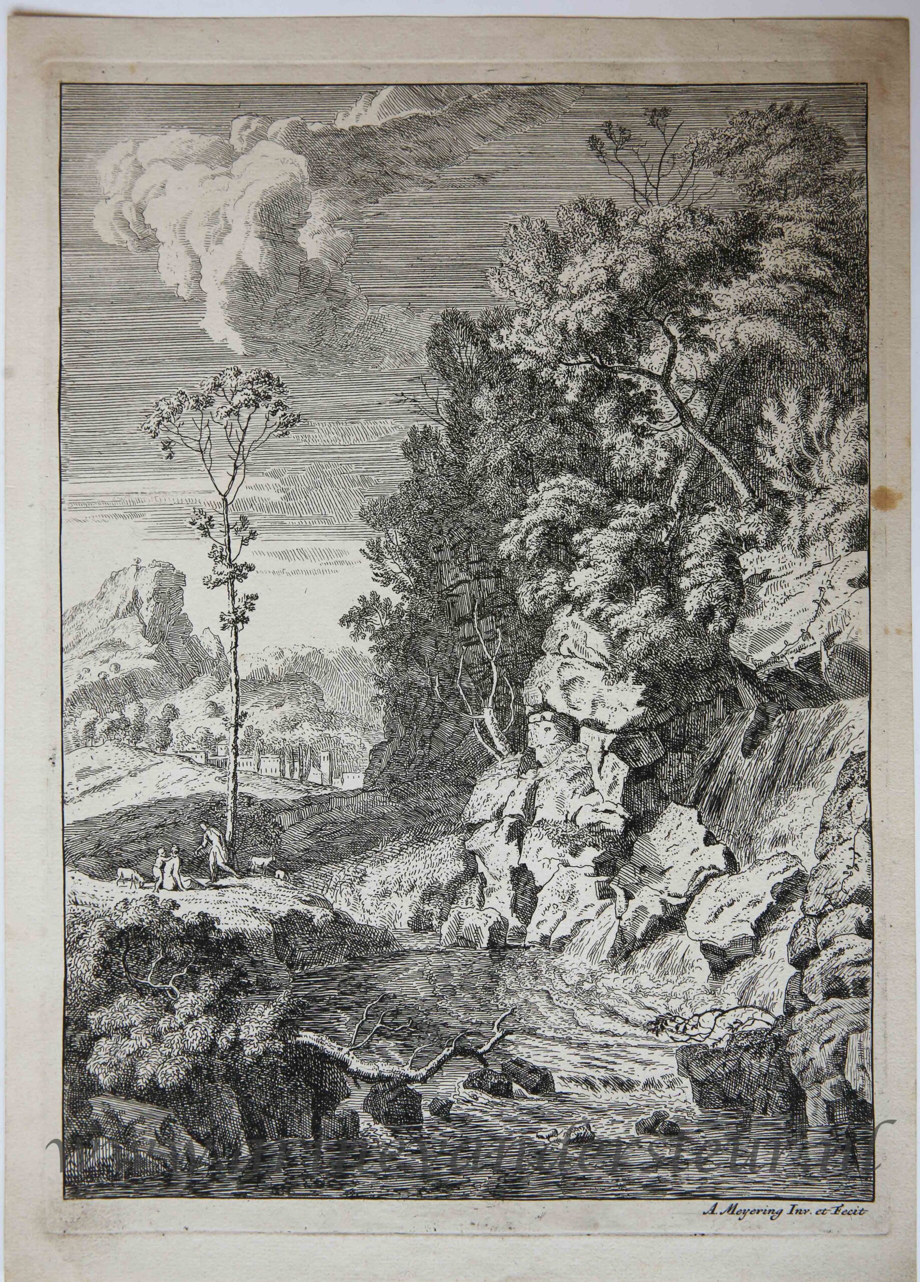 [Antique print, etching/ets] Italian landscape with waterfall (waterval), published 1650-1700.