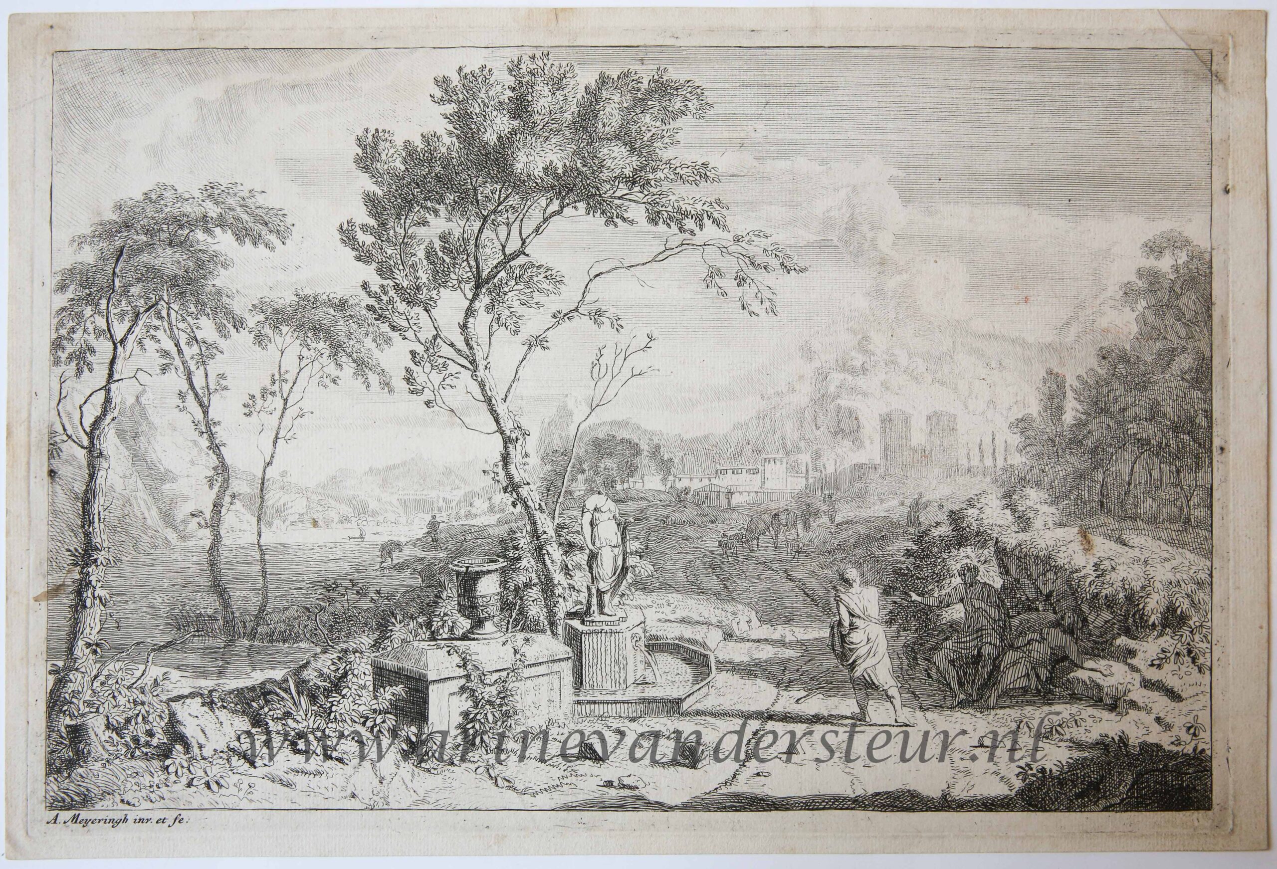 [Antique print, etching/ets] Italian landscape with a statue, published before 1700.