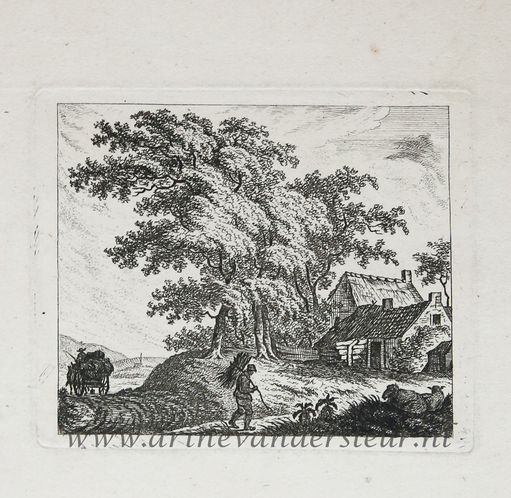 [Original etching, ets] J.E. v. Cuylenburgh. Landscape with wayfarer, published 1800-1850.