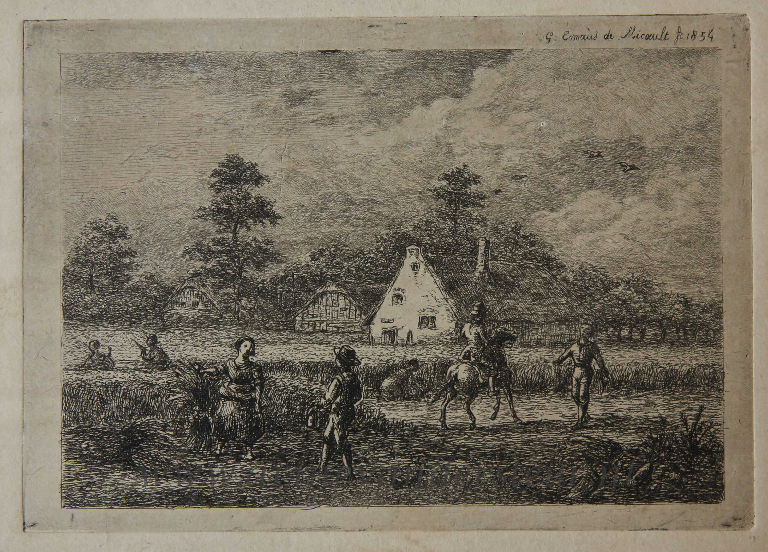 [Original etching, ets] G.E. de Micault. The harvest at the village of Houten, published 1854.
