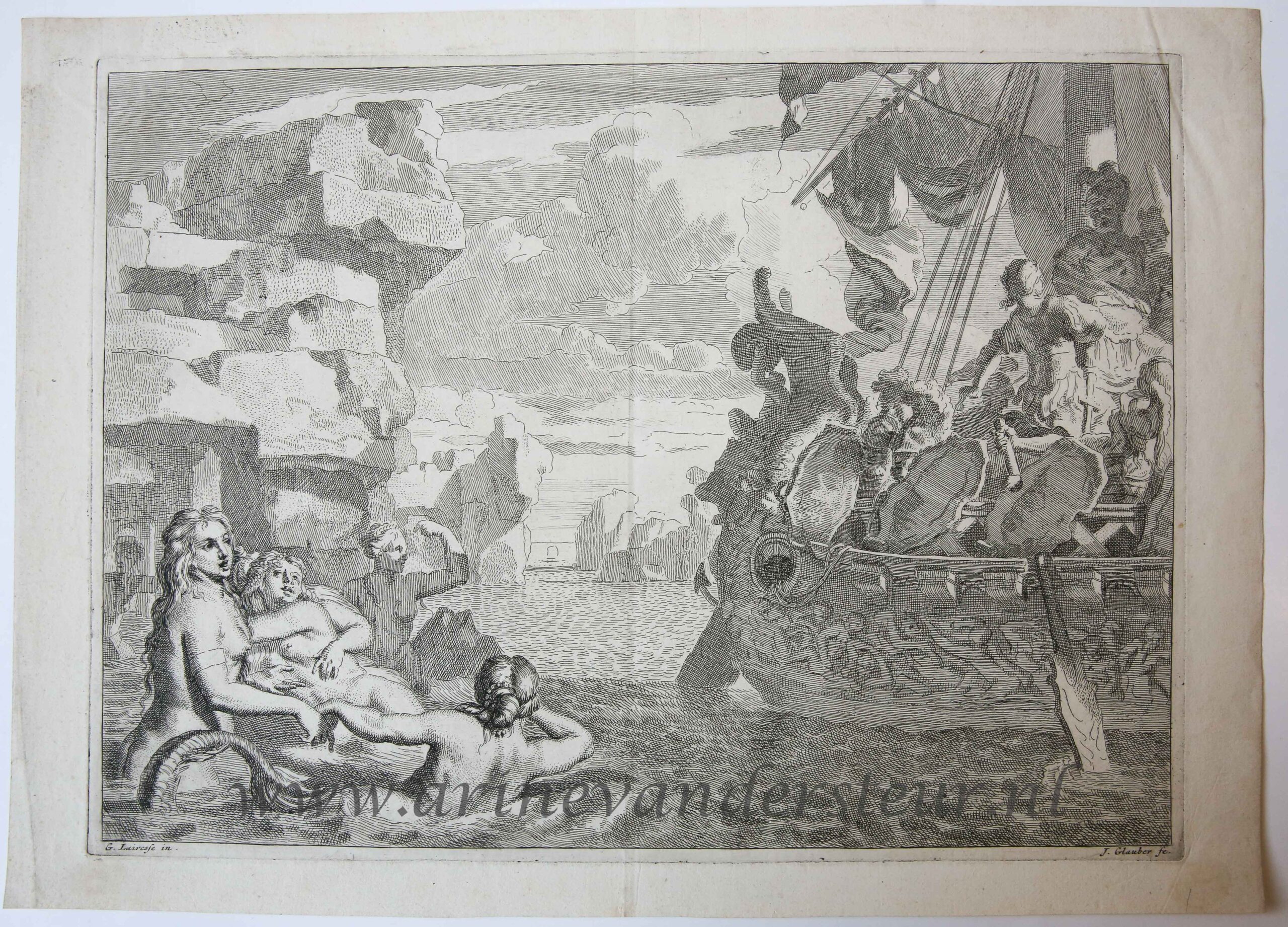 [Antique print, etching/ets] Odysseus and the mermaids/sirens (Odysseus en de sirenen), published 1650-1750.