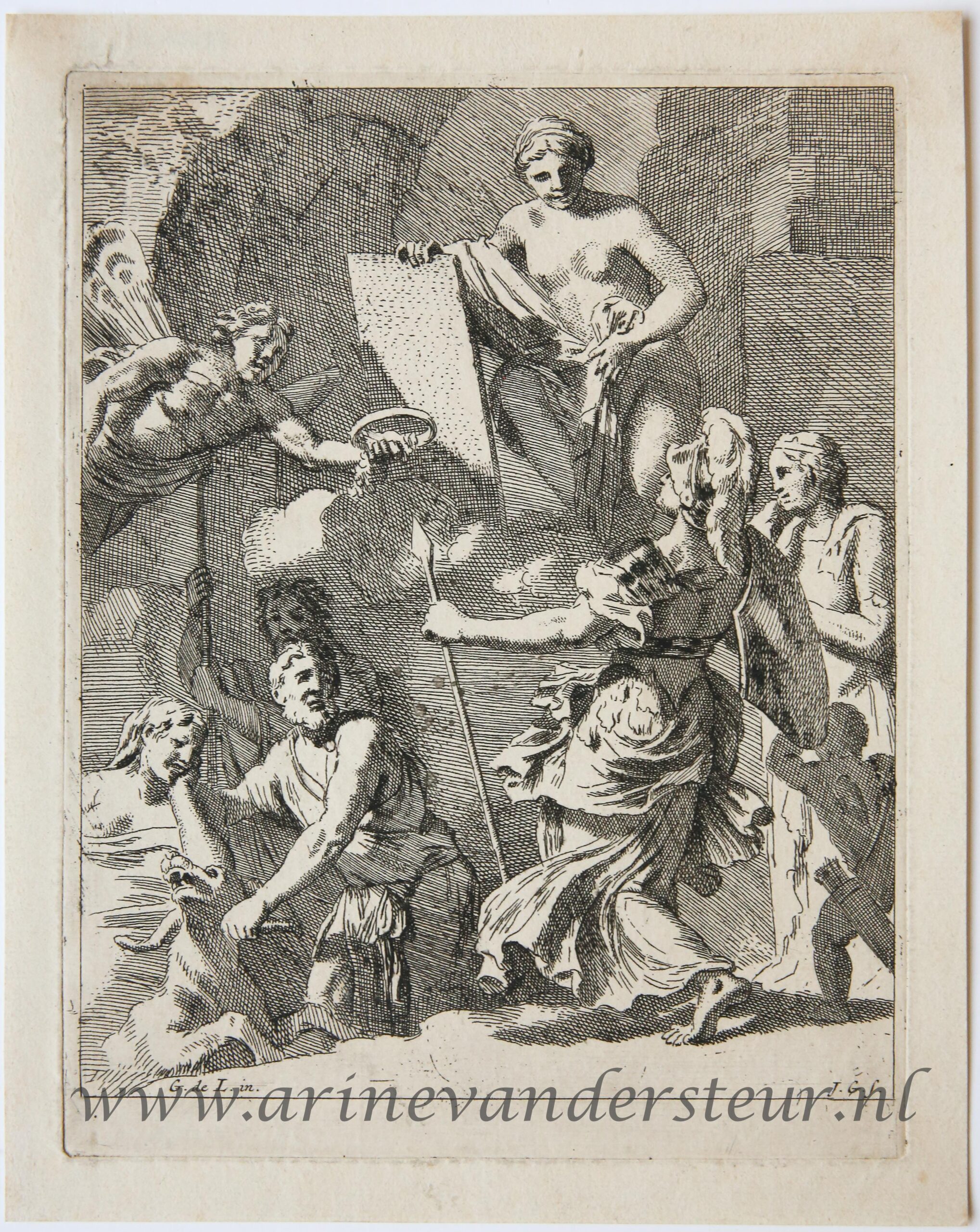 [Antique print, etching/ets] Allegory of printing/allegorie van het uitgeven, published 1650-1750.