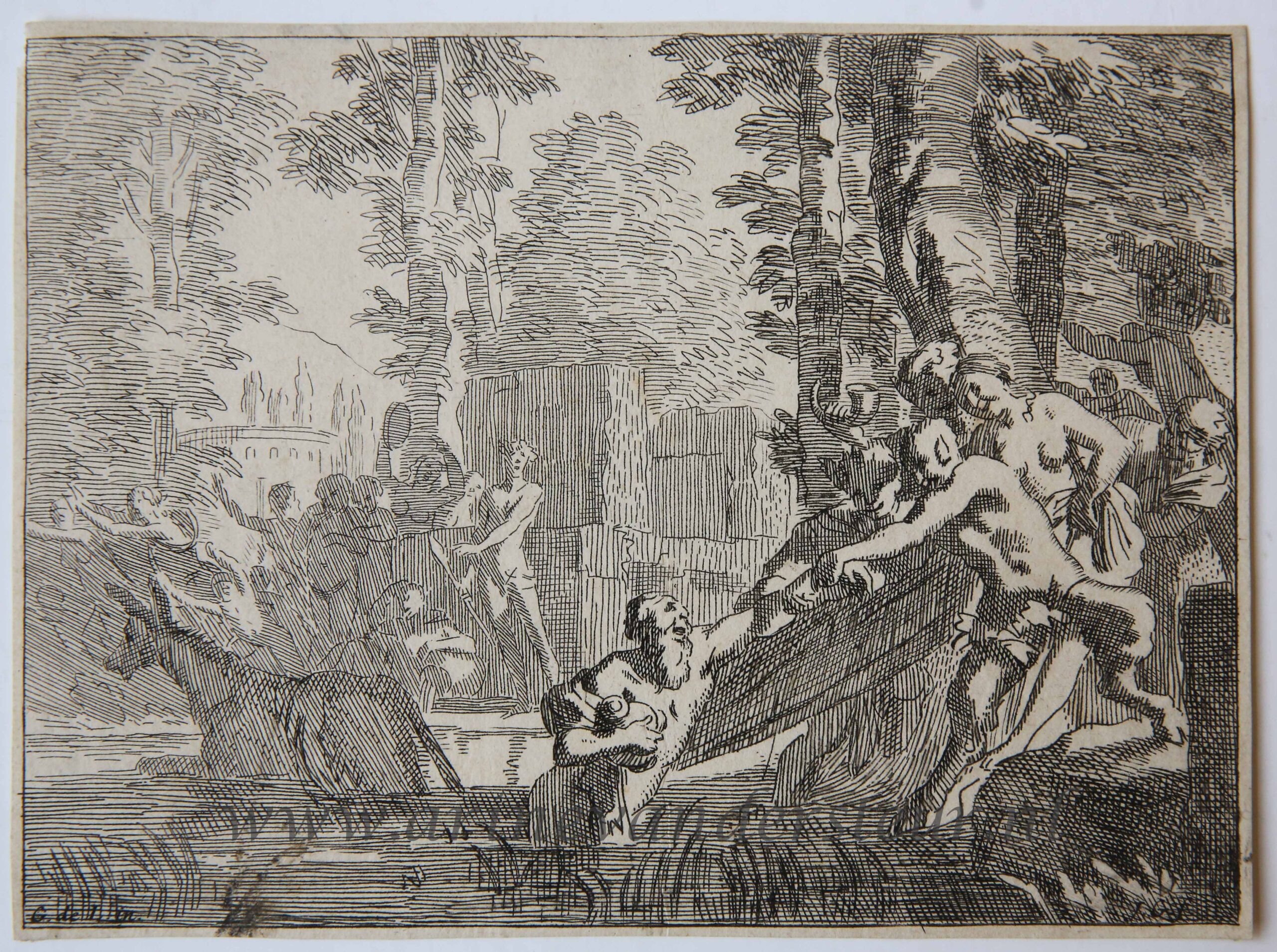 [Antique print, etching/ets] Silenus is pulled out of the water, published 1650-1750.
