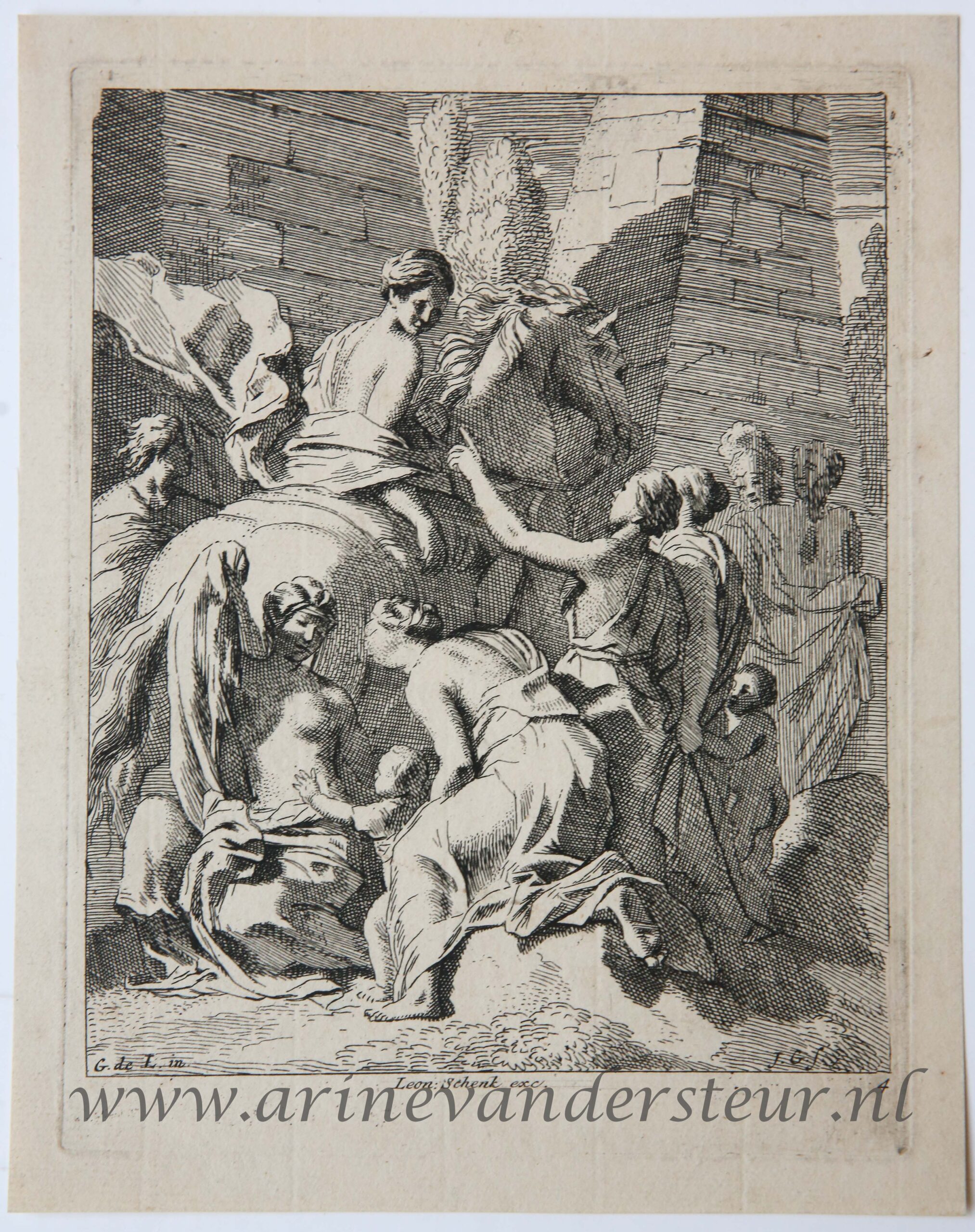 [Antique print, etching/ets] Cloelia escapes on the back of a stolen horse, published 1650-1750.