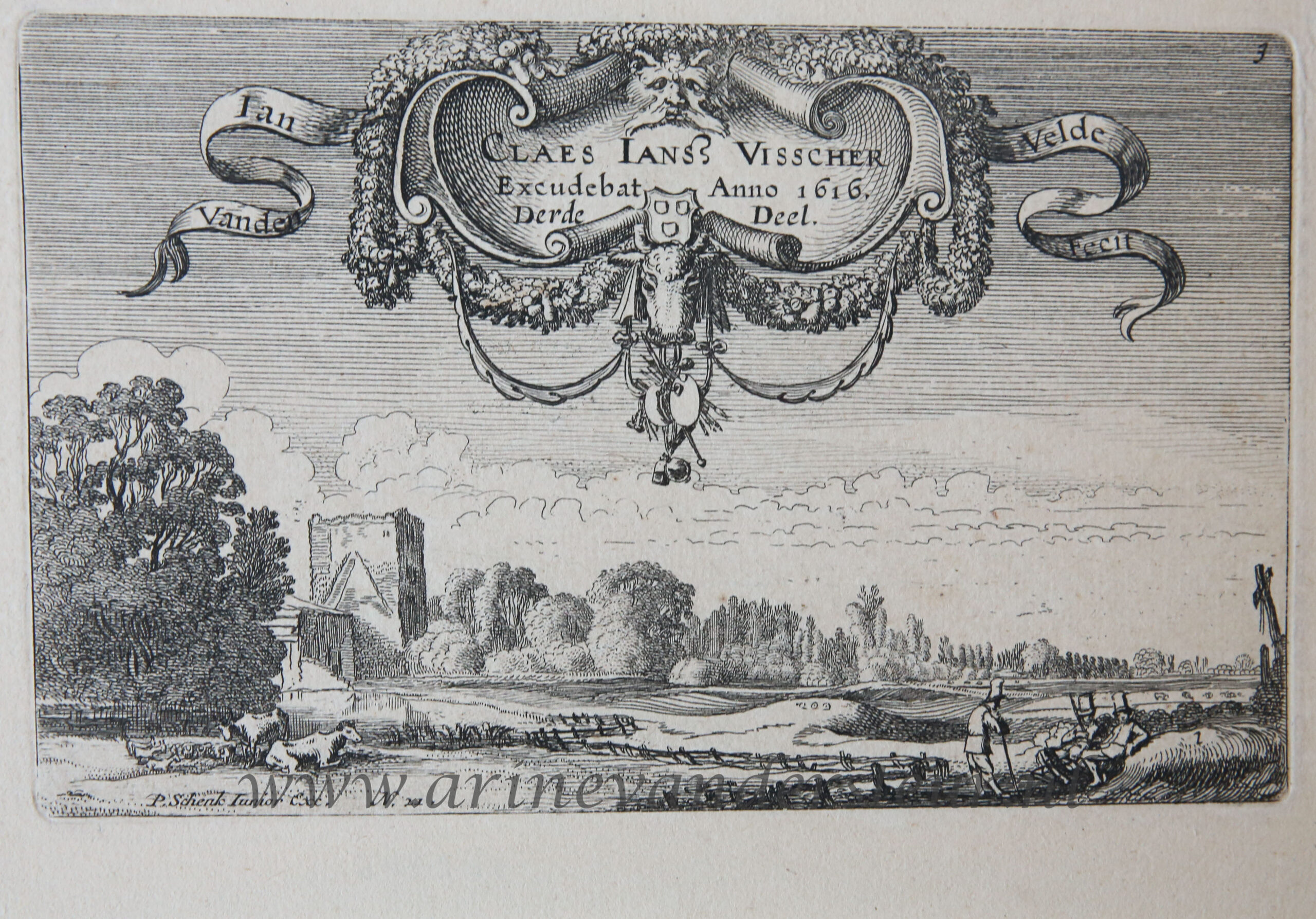 [Antique etching, ets, landscape print] J. v.d. Velde II, Title page of part 3 of the set of Landscapes.