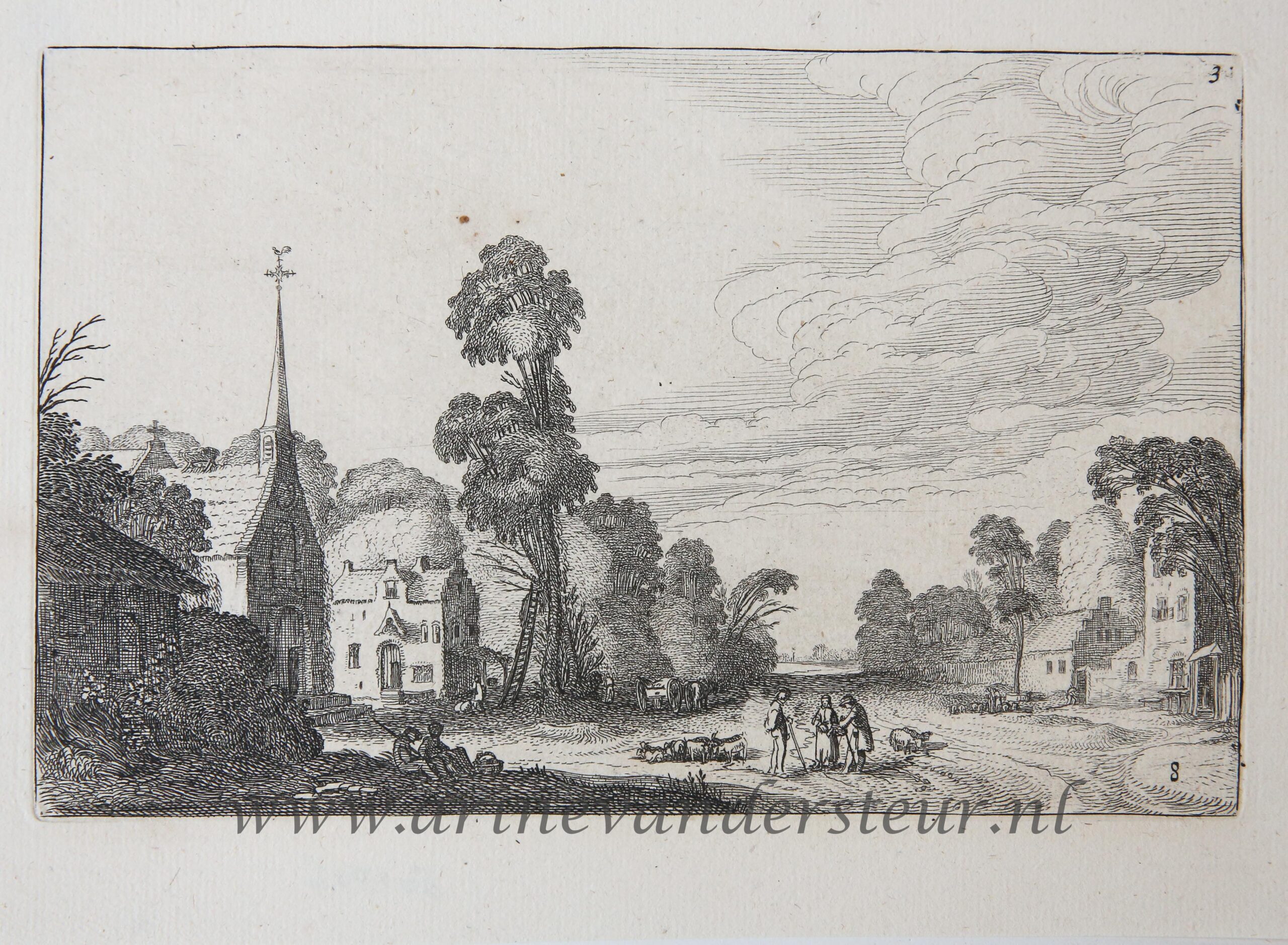[Antique etching, ets, landscape print] J. v.d. Velde II, Country road through a village.
