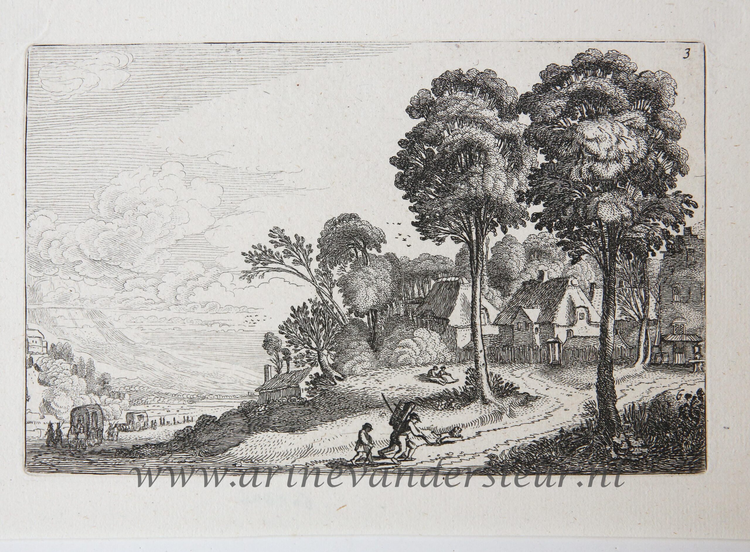 [Antique etching, ets, landscape print] J. v.d. Velde II, Travelers on a path near a village, published before 1713.