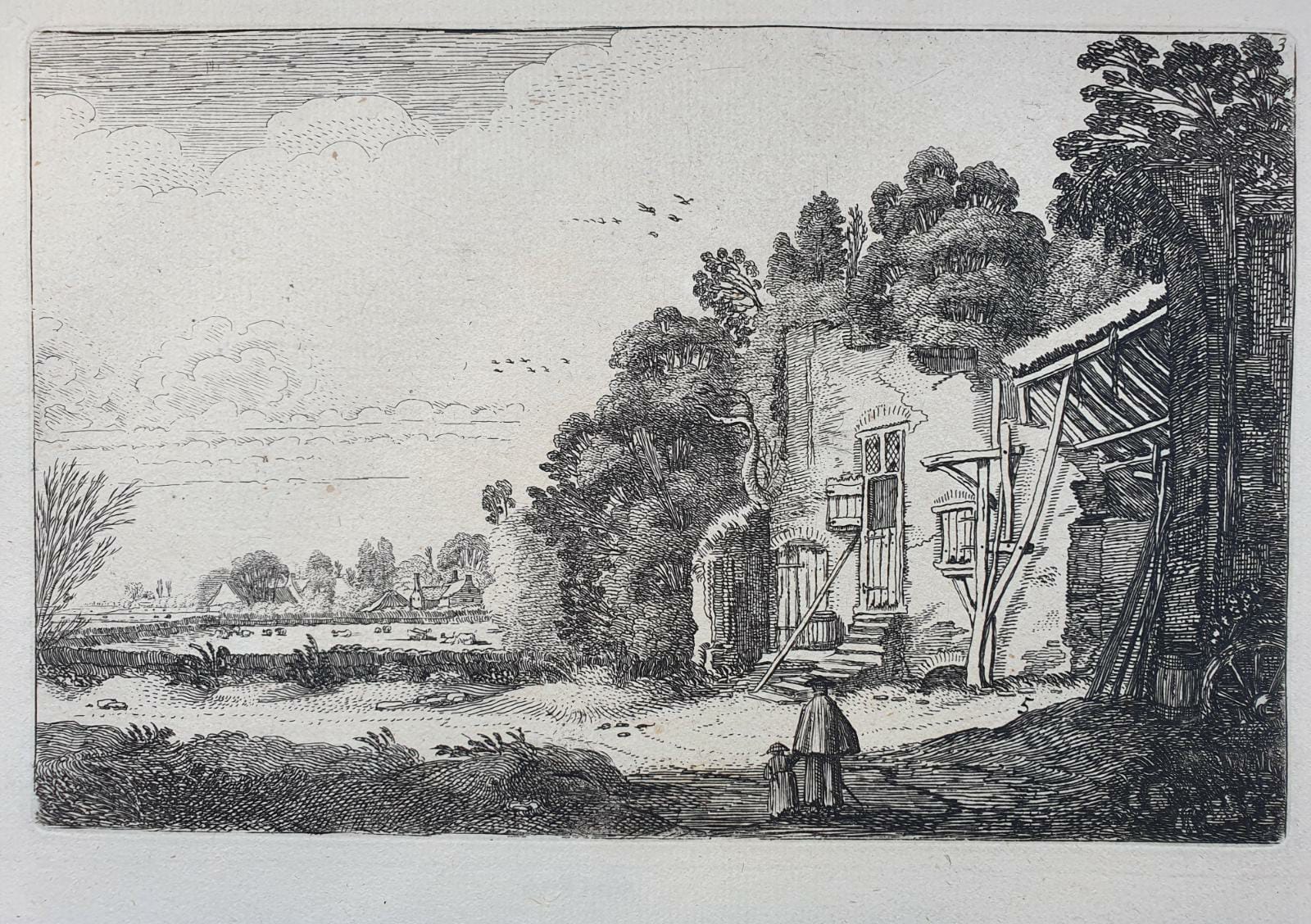 [Antique etching, ets, landscape print] J. v.d. Velde II, Woman with child by a ruined house, publisdhed before 1713.