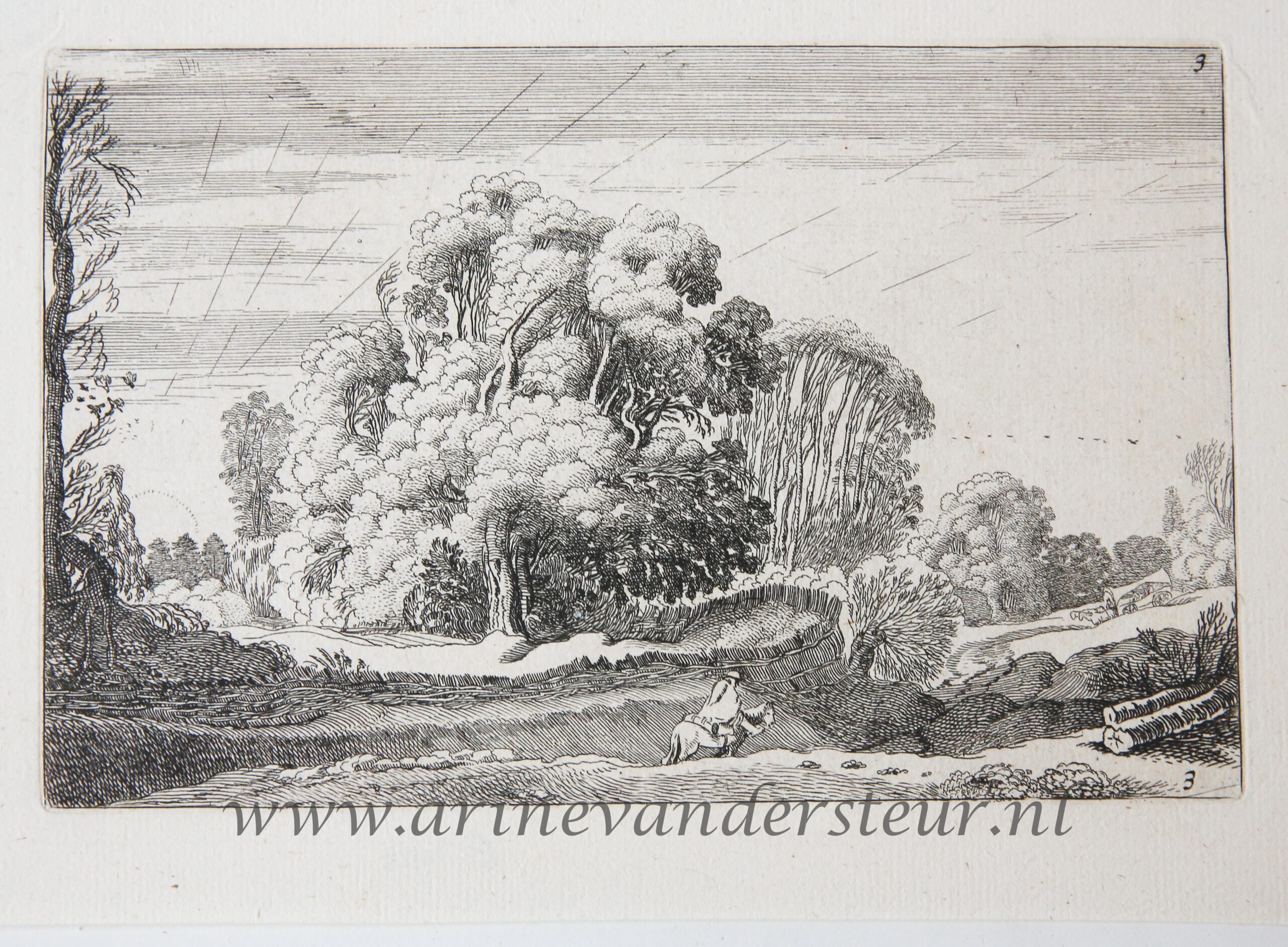 [Antique etching, ets, landscape print] J. v.d. Velde II, Horse rider in a landscape at sunrise, published before 1713.