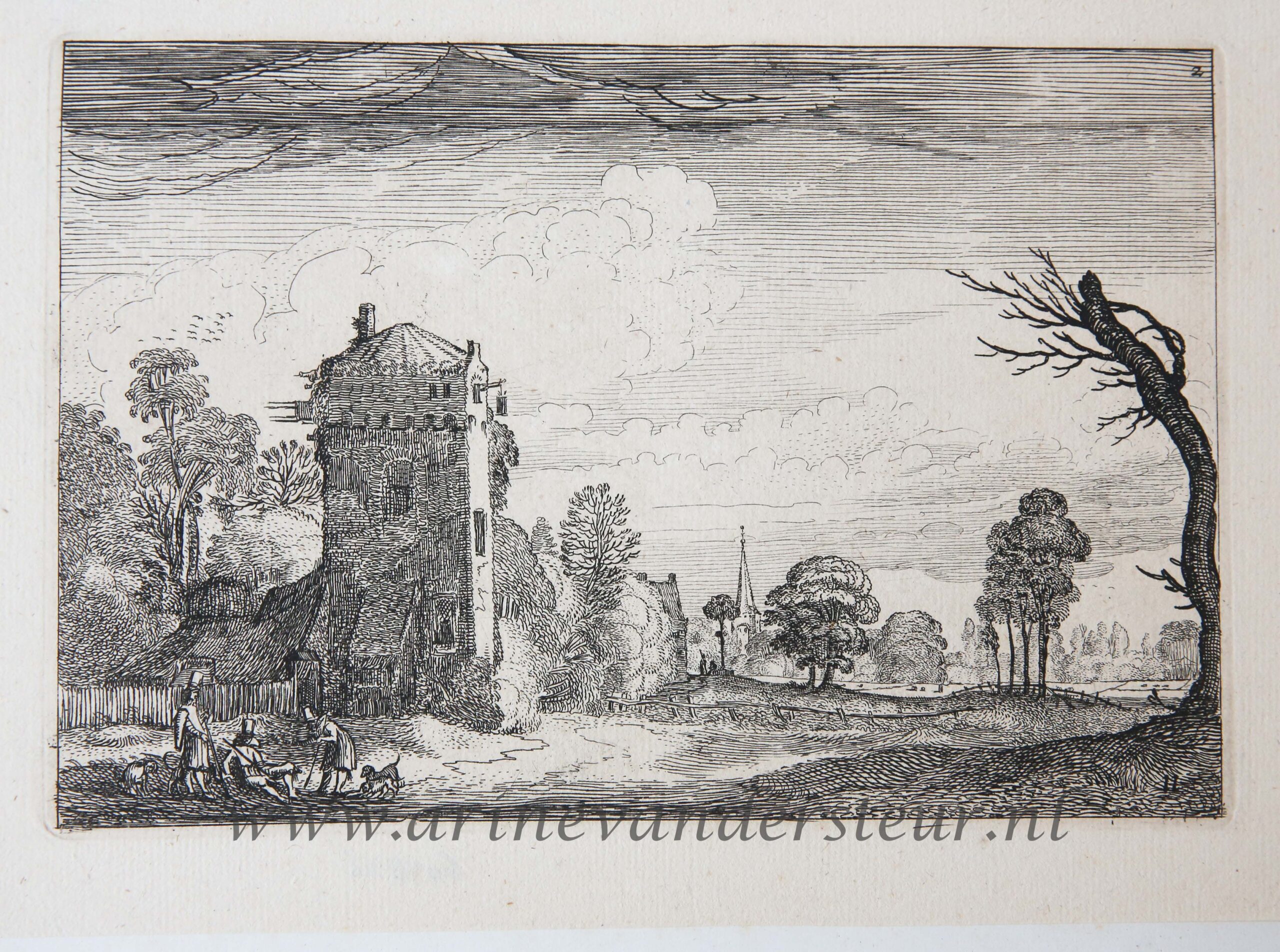 [Antique etching, ets, hunting print] J. v.d. Velde II, Hunters with dogs by a tower in a landscape, published before 1713.