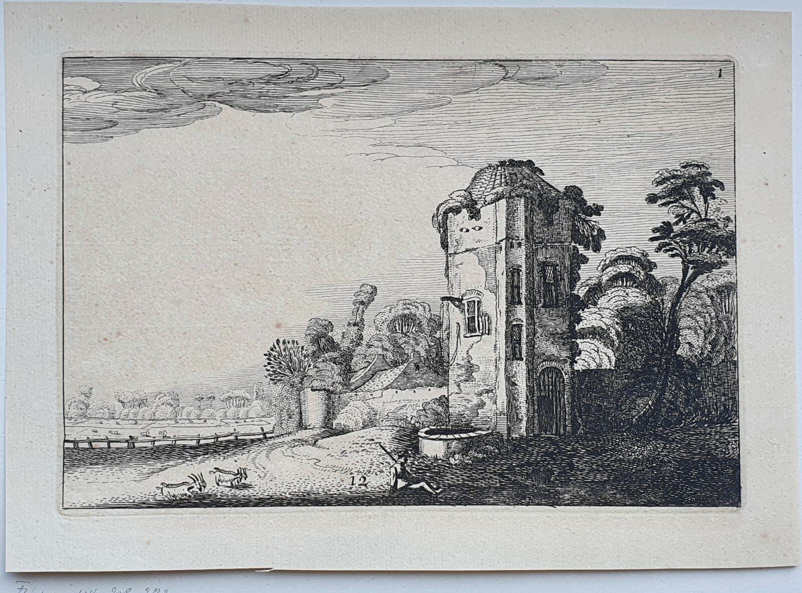 [Antique etching, ets, landscape print] J. v.d. Velde II, Shepherd at a tower with a well, published before 1713.