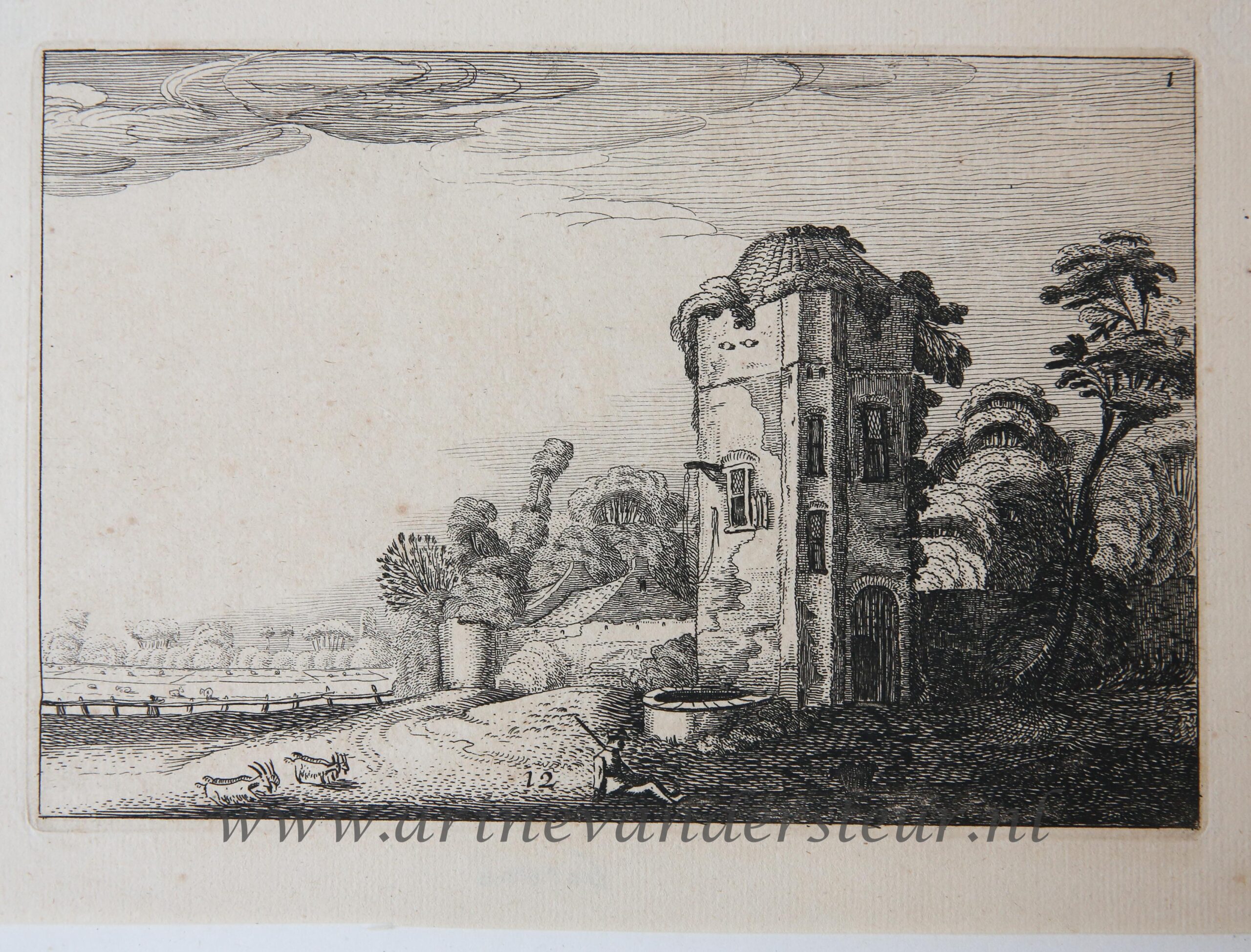 [Antique etching, ets, landscape print] J. v.d. Velde II, Shepherd at a tower with a well, published before 1713.