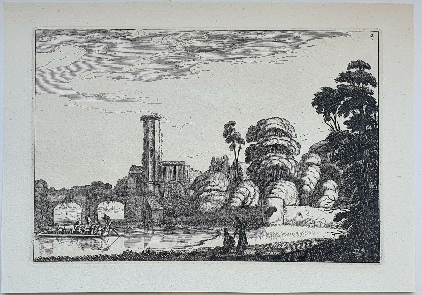 [Antique etching, ets, landscape print] J. v.d. Velde II, Ferry in front of a stone bridge (veerboot voor stenen brug), published before 1713.