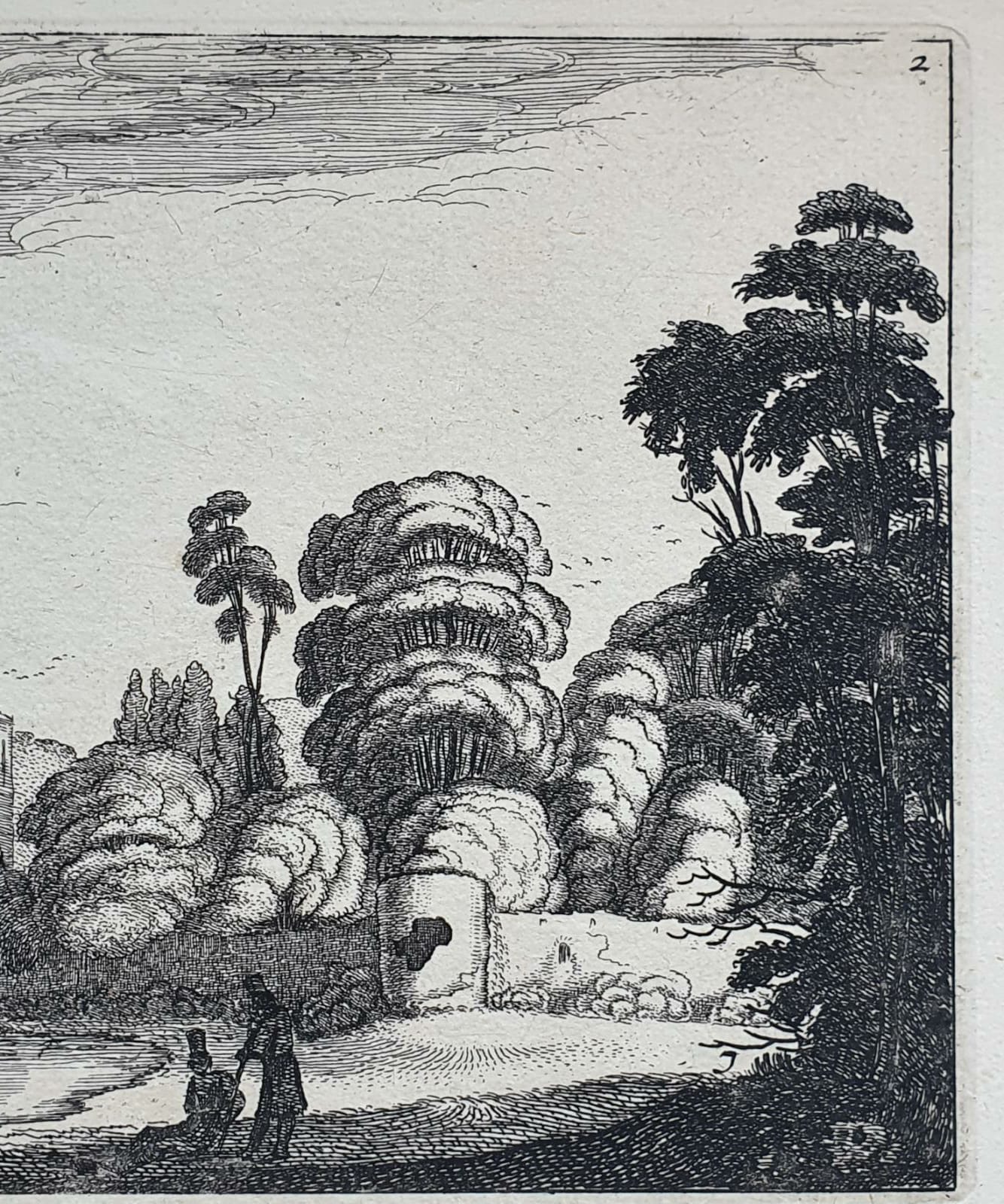 [Antique etching, ets, landscape print] J. v.d. Velde II, Ferry in front of a stone bridge (veerboot voor stenen brug), published before 1713.