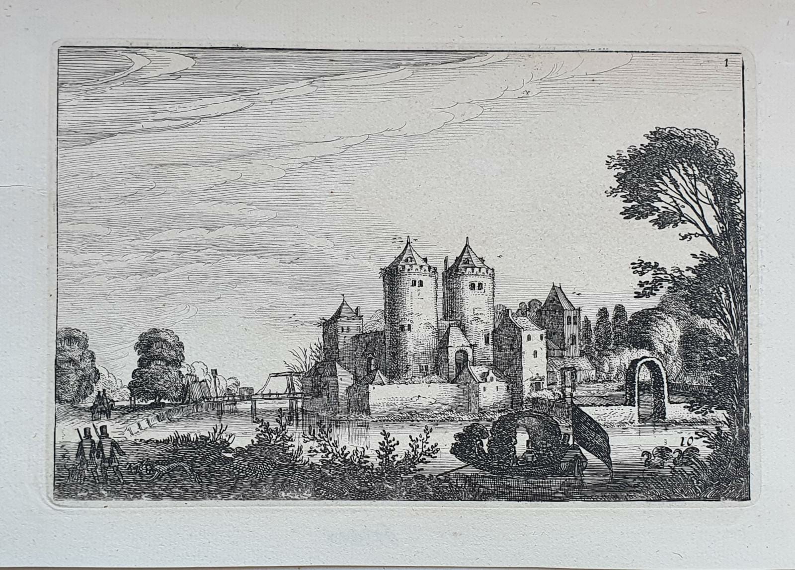 [Antique etching, ets, landscape print] J. v.d. Velde II, Figures in a pleasure boat near a castle (plezierbootje bij kasteel), published before 1713.