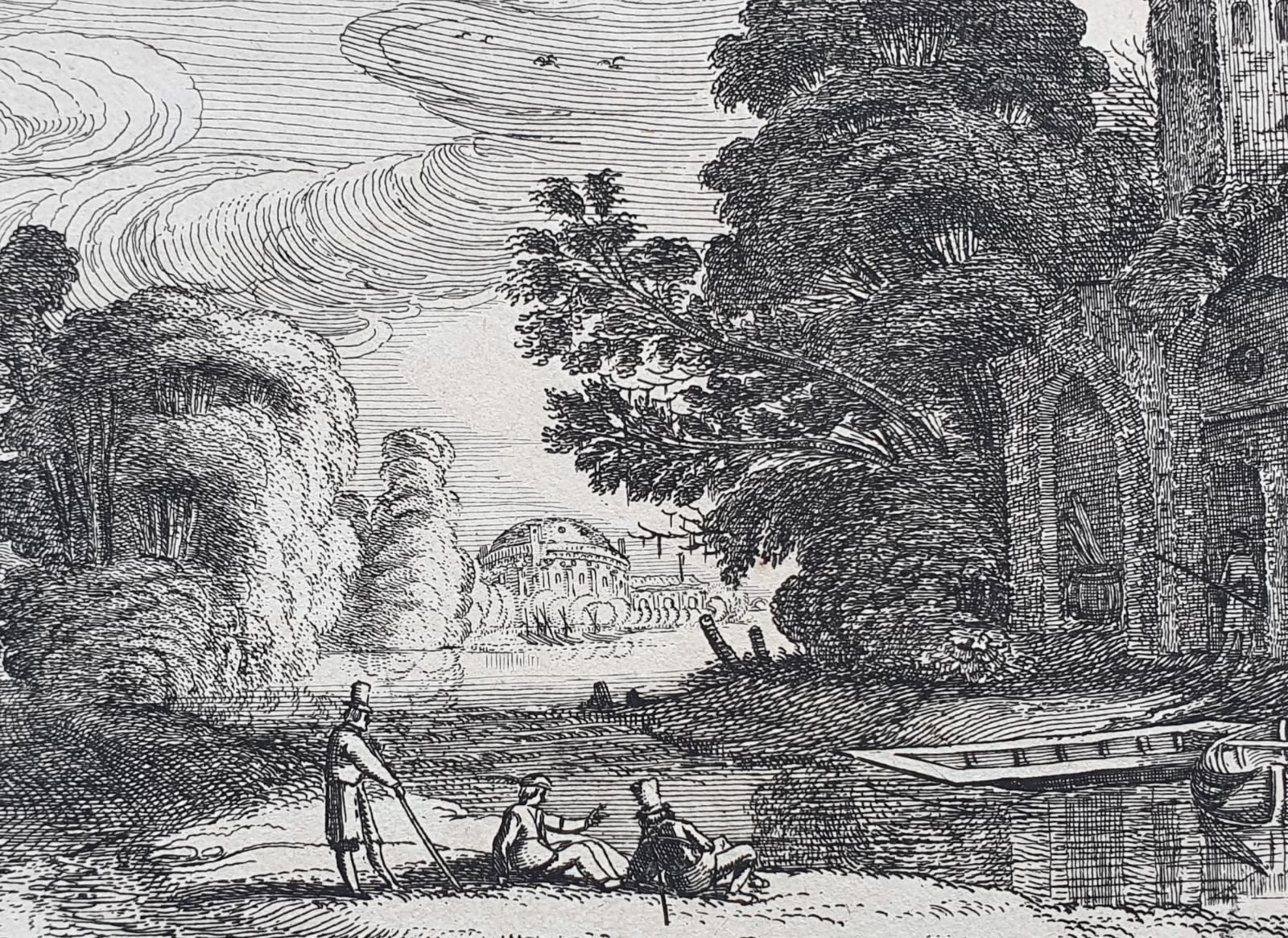 [Antique etching, ets, landscape print] J. v.d. Velde II, Figures by a castle lying by a river, published before 1713.