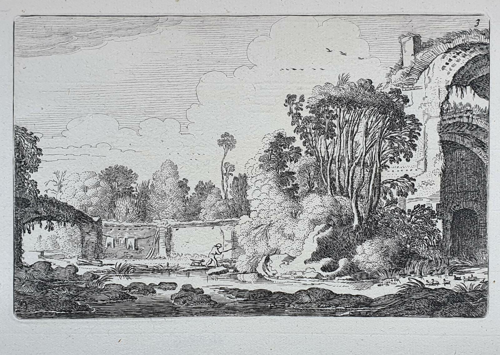 [Antique etching, ets, landscape print] J. v.d. Velde II, Man with a dog at a ruin (man met hond bij ruīne), published before 1713.