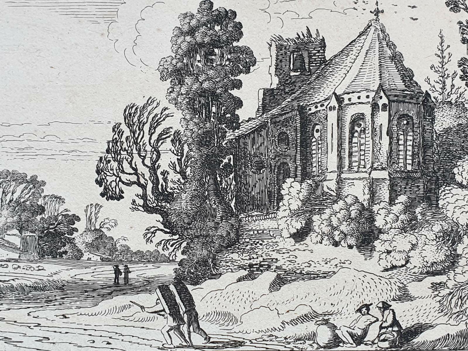 [Antique etching, ets, landscape print] J. v.d. Velde II, Figures on a country road near a ruined church, published before 1713.