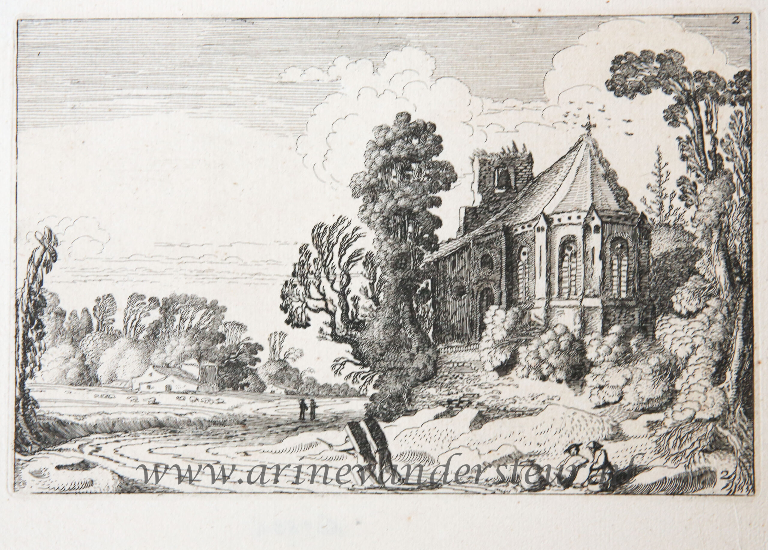 [Antique etching, ets, landscape print] J. v.d. Velde II, Figures on a country road near a ruined church, published before 1713.