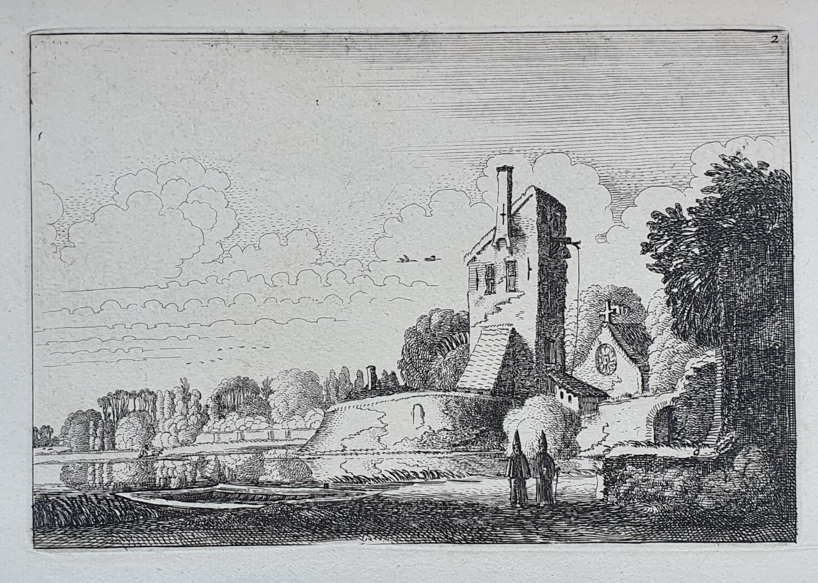 [Antique etching, ets, landscape print] J. v.d. Velde II, Landscape with fortress, a tower and a chapel, published before 1713.
