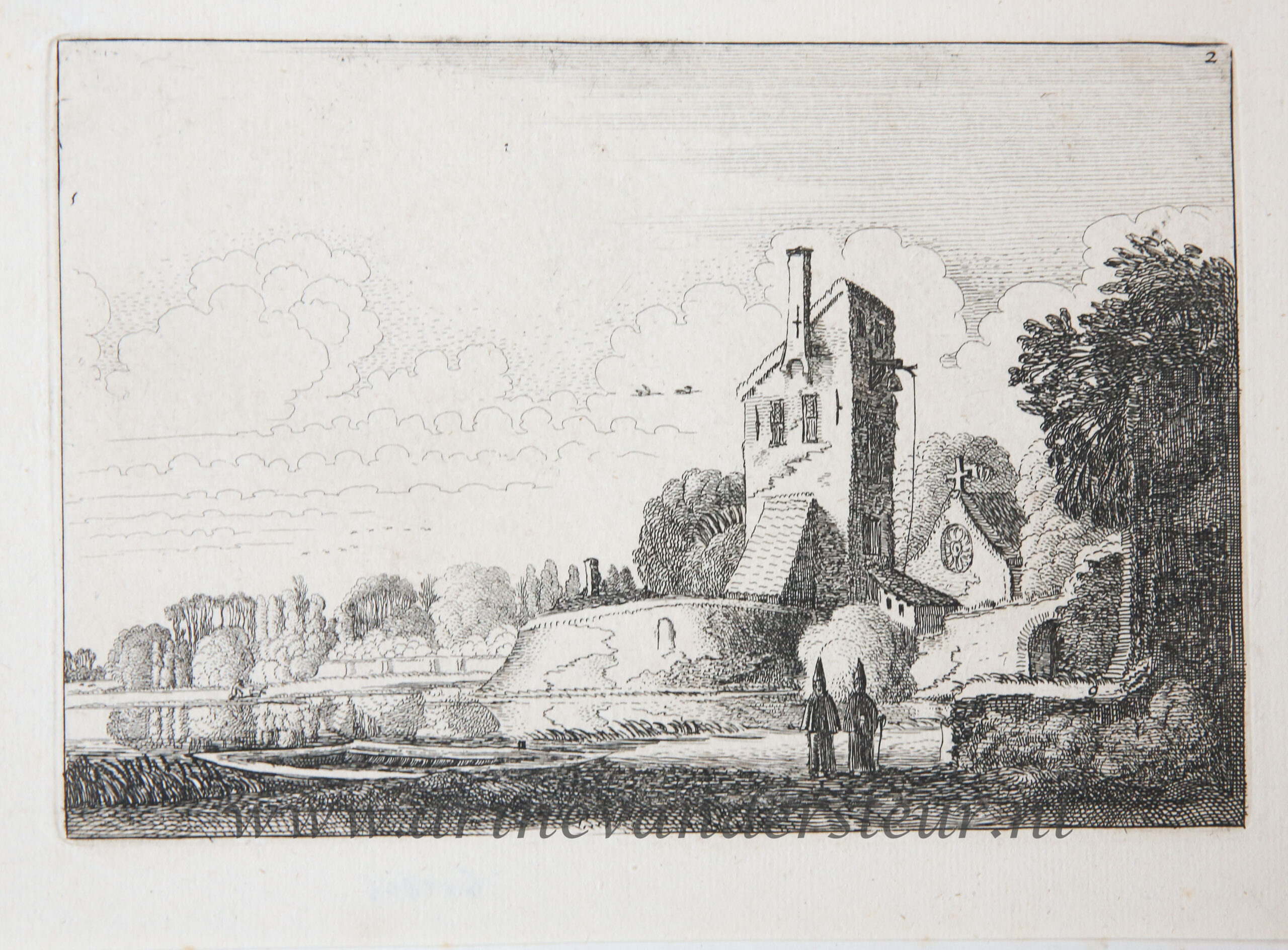 [Antique etching, ets, landscape print] J. v.d. Velde II, Landscape with fortress, a tower and a chapel, published before 1713.