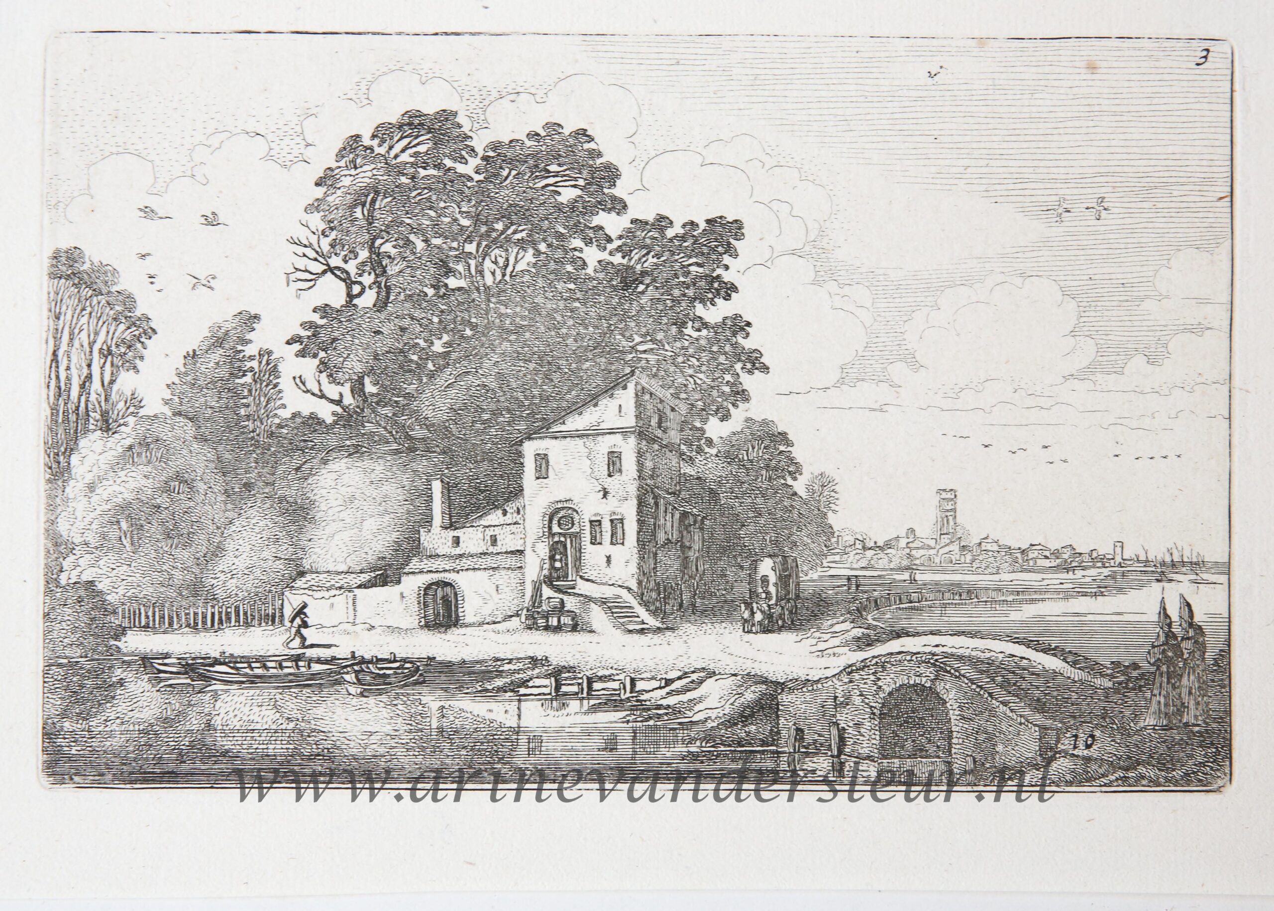 [Antique etching, ets, landscape print] J. v.d. Velde II, House near a stone bridge in a river landscape, published before 1713.