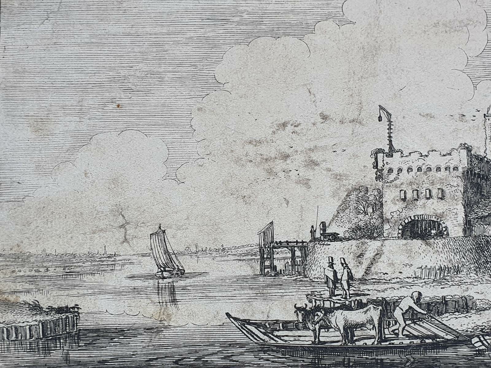 [Antique etching, ets, landscape print] J. v.d. Velde II, Cattle on a ferry by a fort in a river landscape (vee op veerbort bij fort), published before 1713.