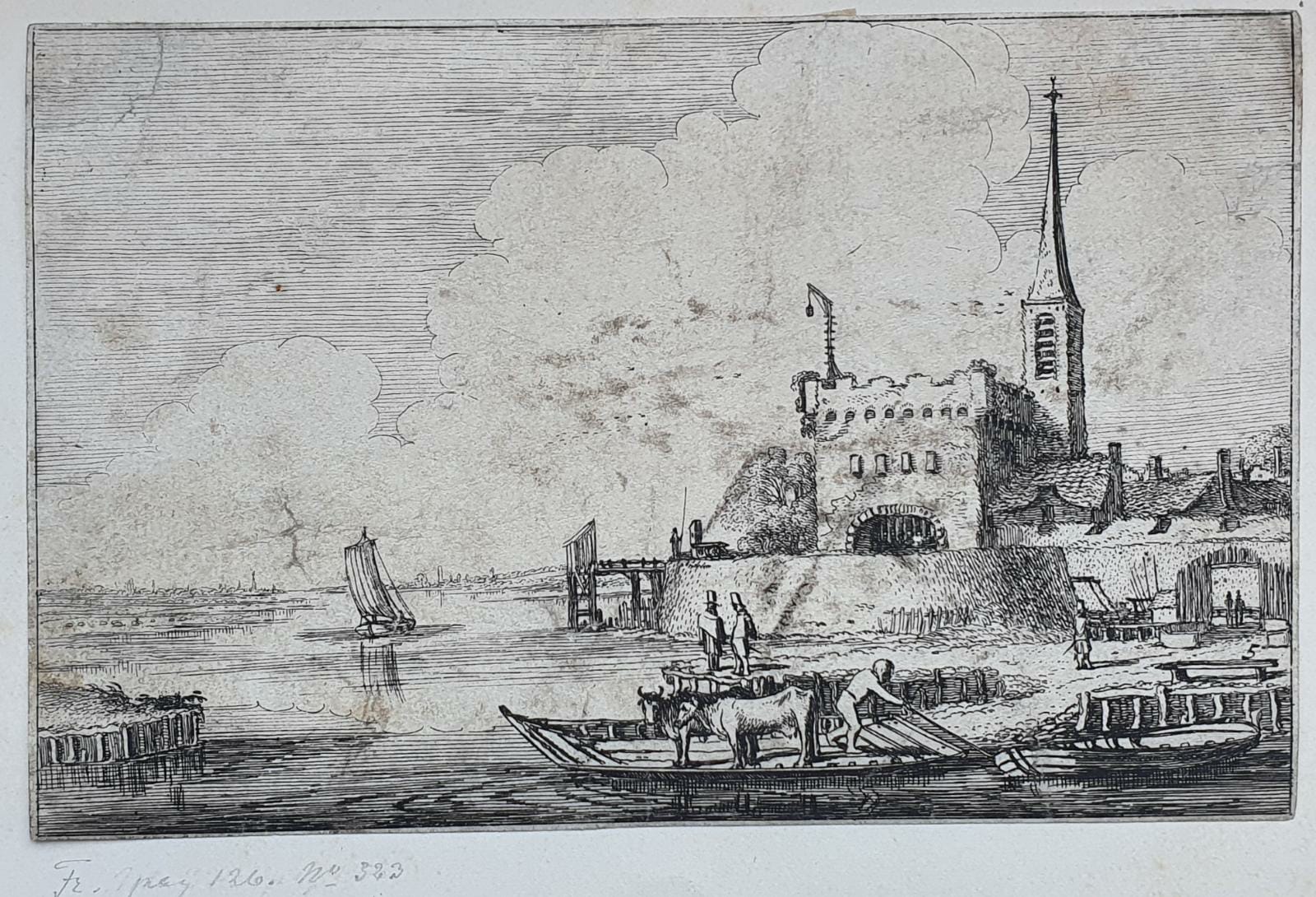 [Antique etching, ets, landscape print] J. v.d. Velde II, Cattle on a ferry by a fort in a river landscape (vee op veerbort bij fort), published before 1713.