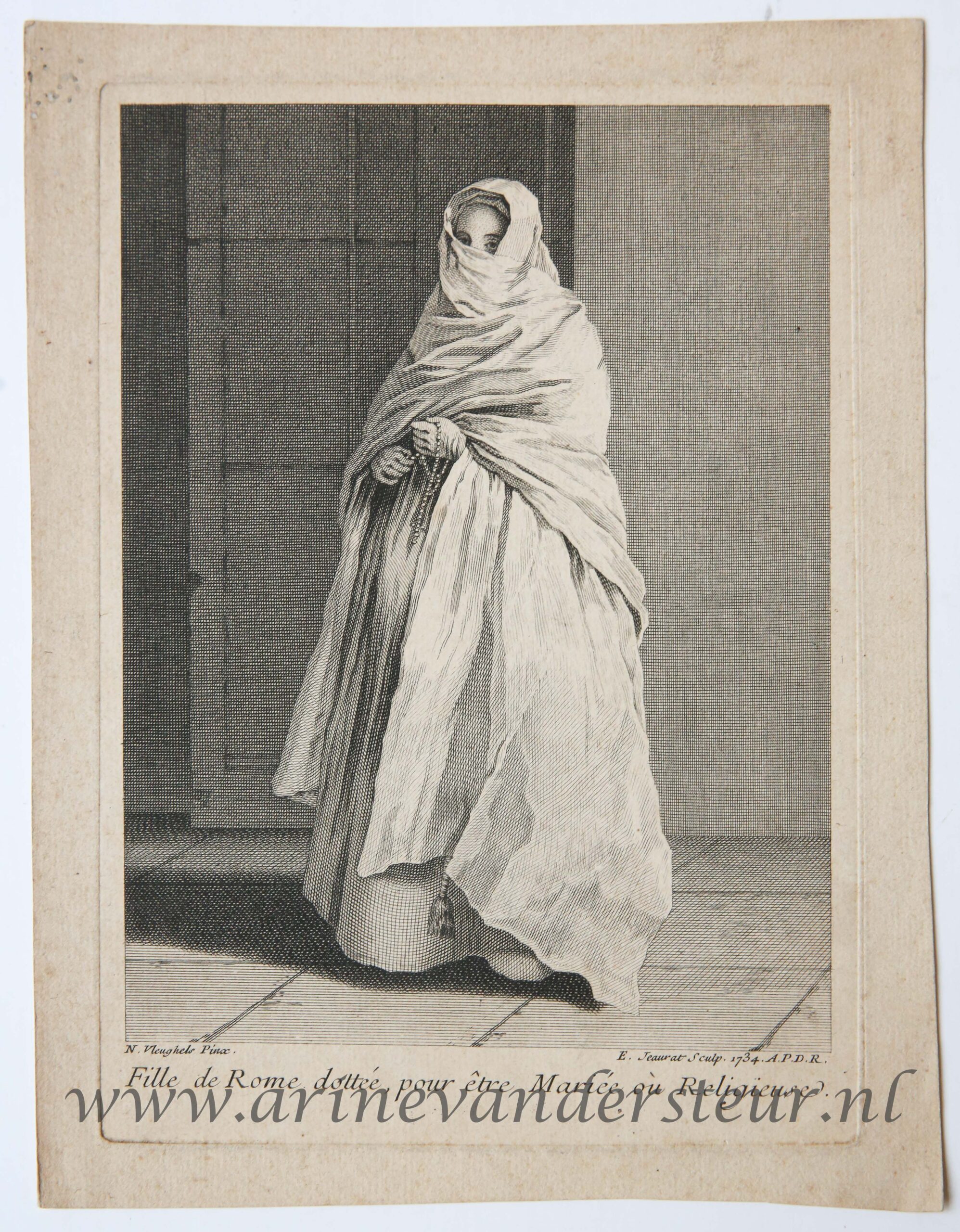[Antique etching and engraving] E. Jeaurat after N. Vleughels, Standing veiled woman (Gesluierde vrouw), published 1734.
