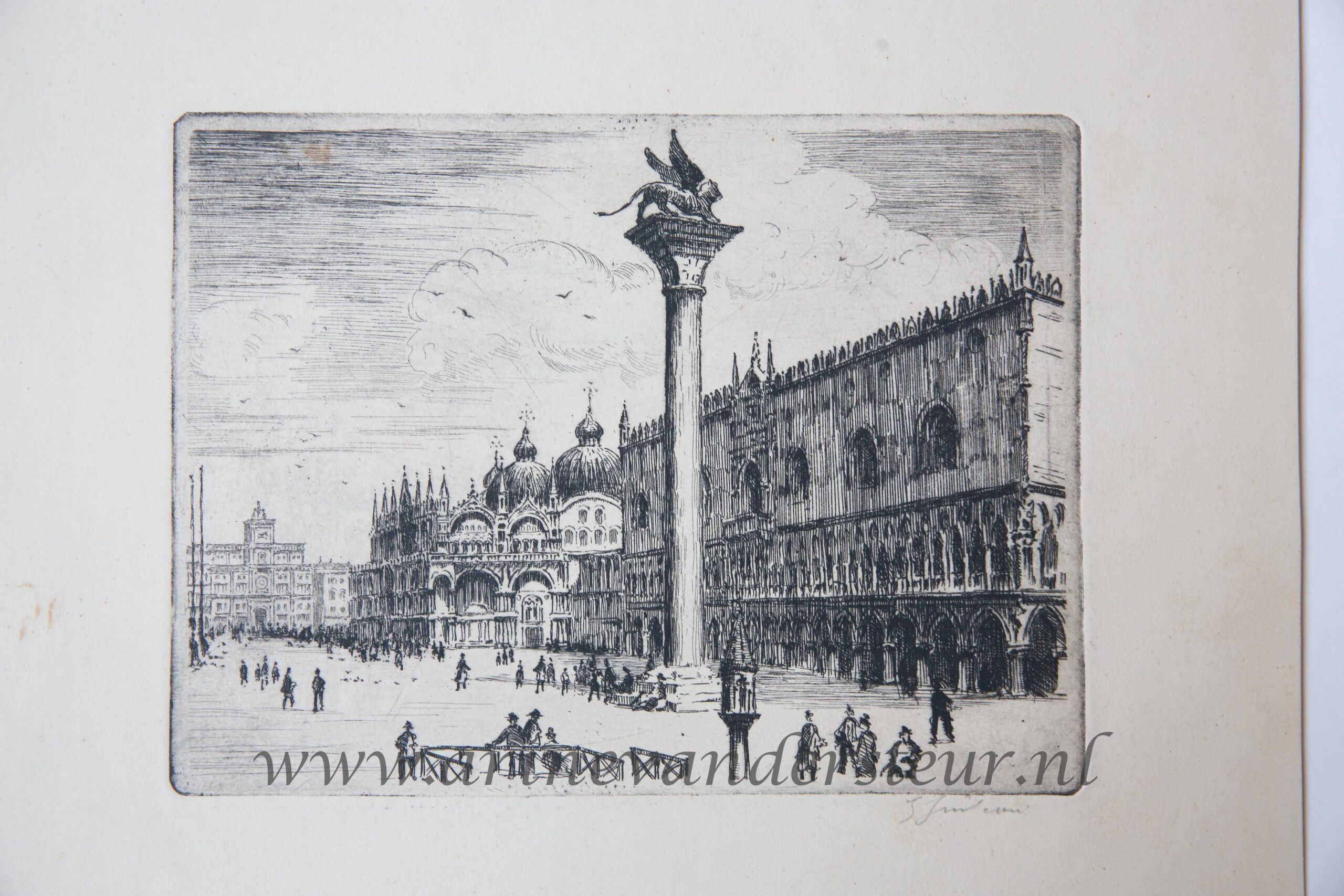 [Antique etching, ets, Topographical Print] Unknown artist (XX century), St. Mark Square in Venice (San Marco plein in Venetië), published before 1950.