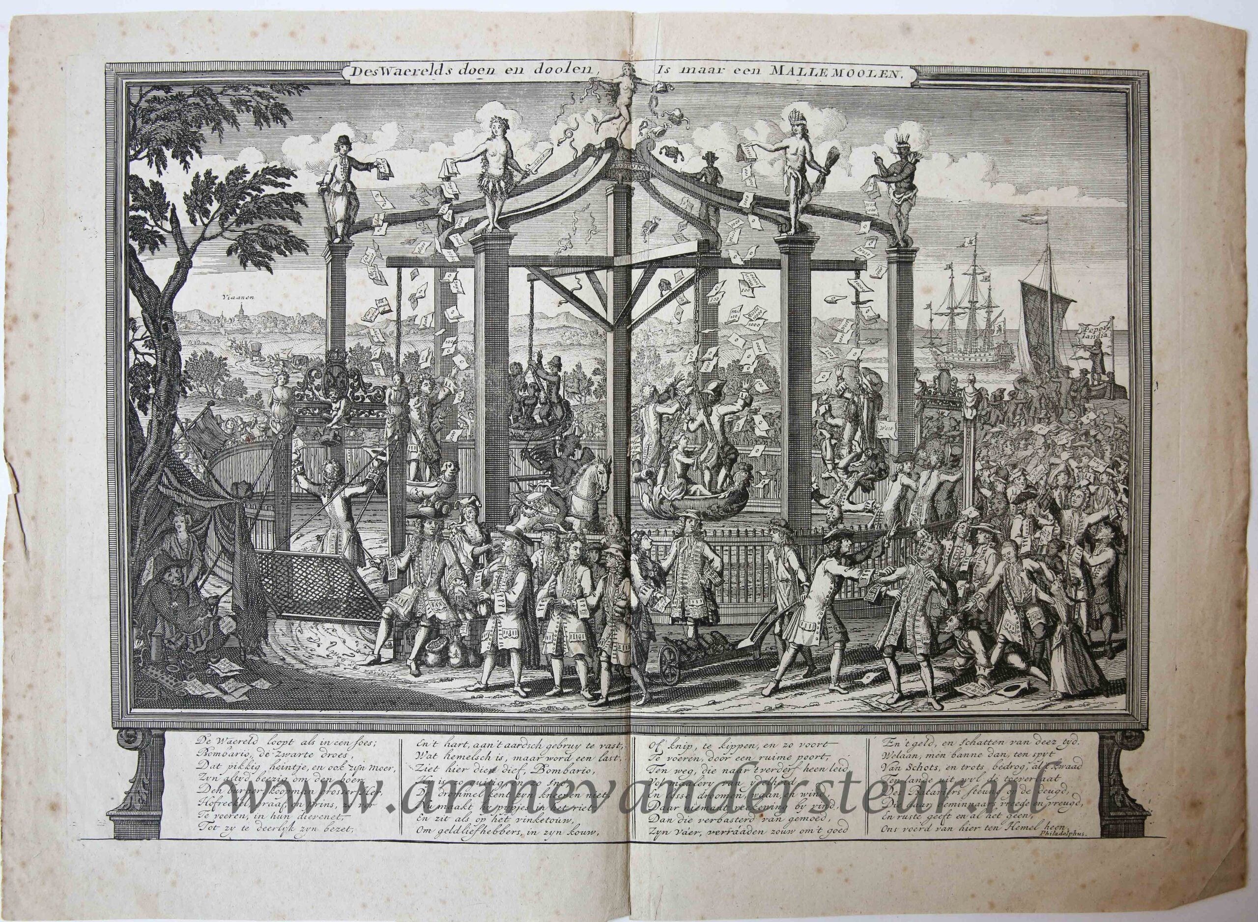 [Antique etching, ets] Anonymous, "Des Waerelds doen en doolen, is maar een MALLEMOOLEN.", published 1721.