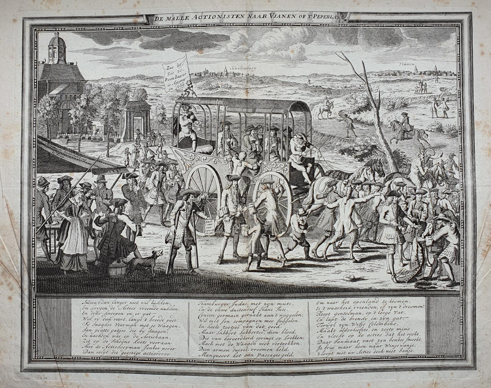 [Antique etching, ets] Anonymous, "DE MALLE ACTIONISTEN NAAR VIANEN OF 'T PEPERLAND", published 1720-1721.