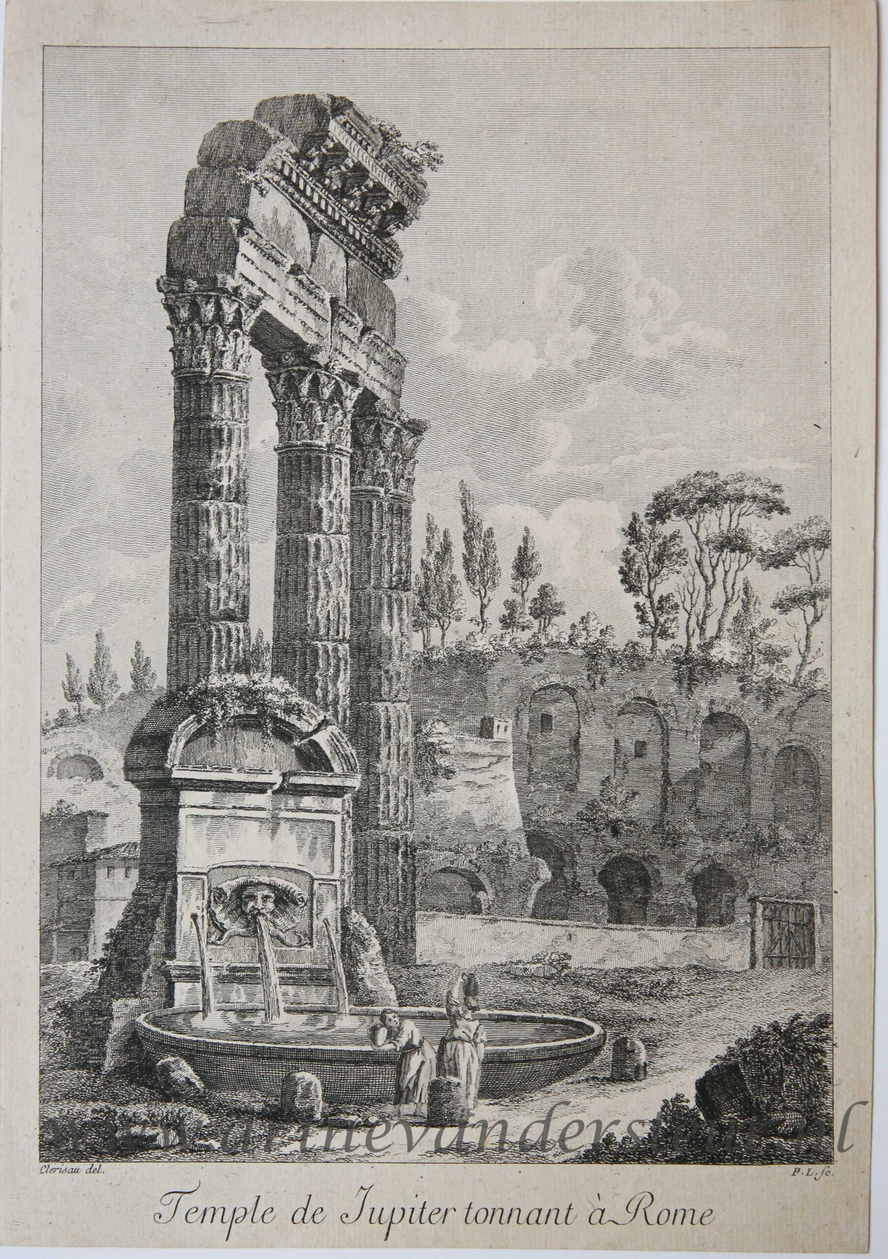 [Antique etching, ets] After C. L. Clérisseau, Temple de Jupiter Tonnant à Rome (Tempel van Castor en Pollux Forum Romanum), published before 1800.