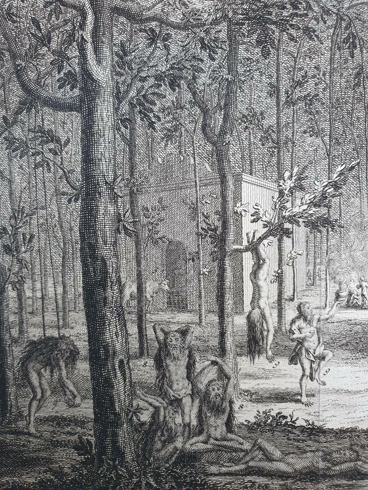 [Antique etching, ets] J.C. Philips, INDIAANSCHE PAGODEN EN SCHRIKKELYKE BOETDOENINGEN of LICHAAMS KWELLINGE DER FAKIRS, published 1731.