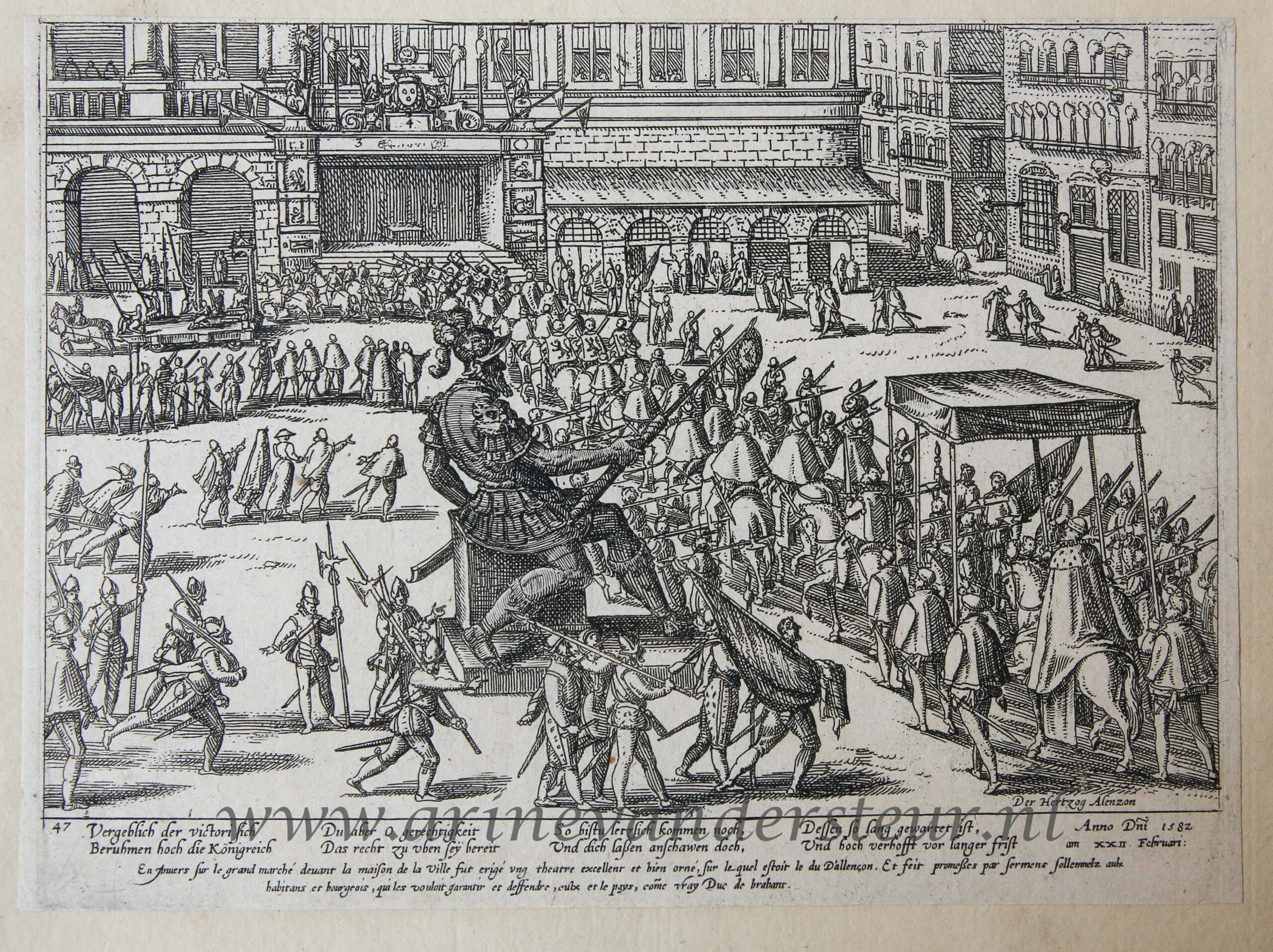 [Antique etching, ets, Antwerpen] F. Hogenberg, Entry of the Duke of Anjou in Antwerp, published 1582.