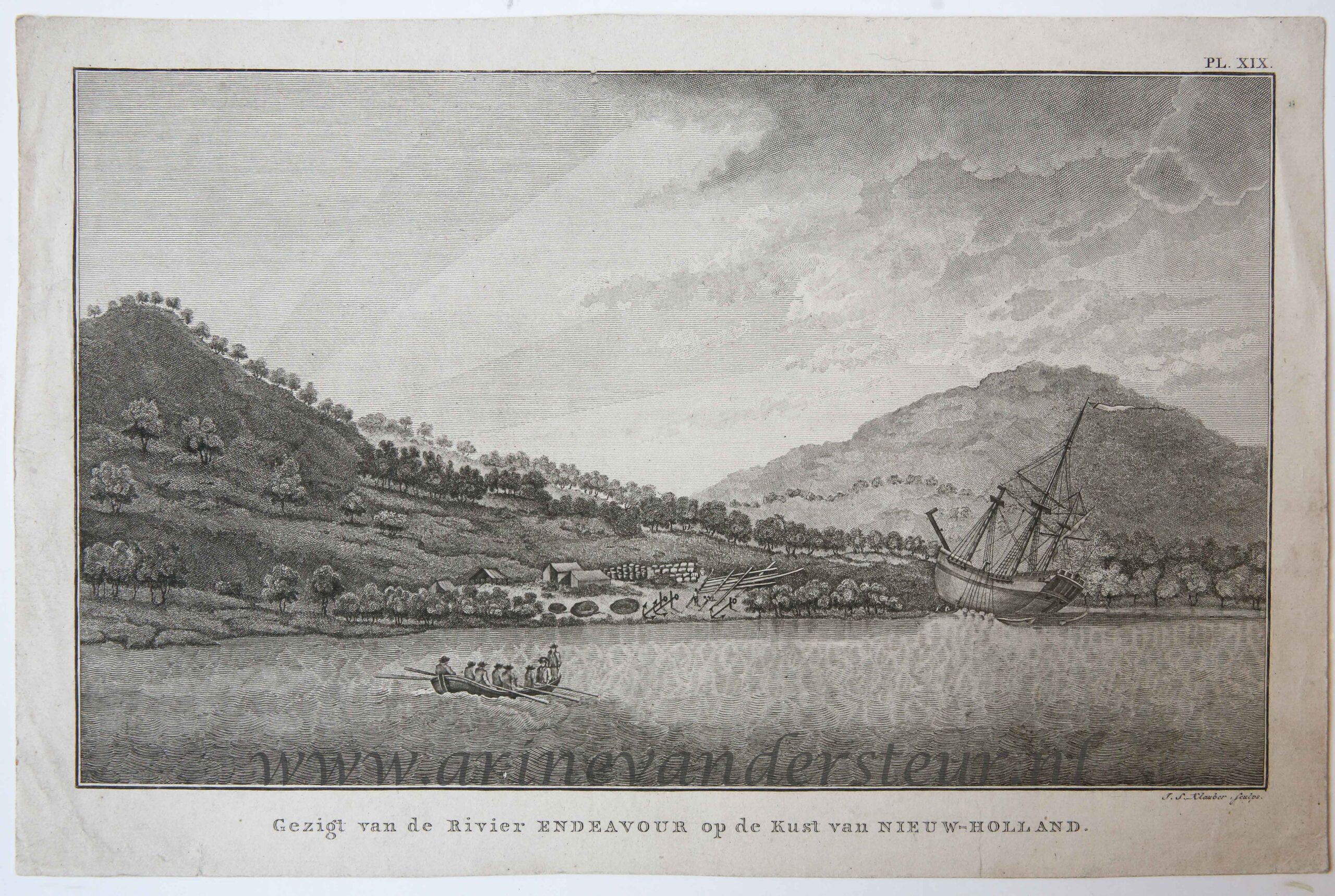 [Antique etching, ets] I.S. Klauber, Gezigt van de Rivier Endeavour op de Kust van Nieuw-Holland, published 1798.