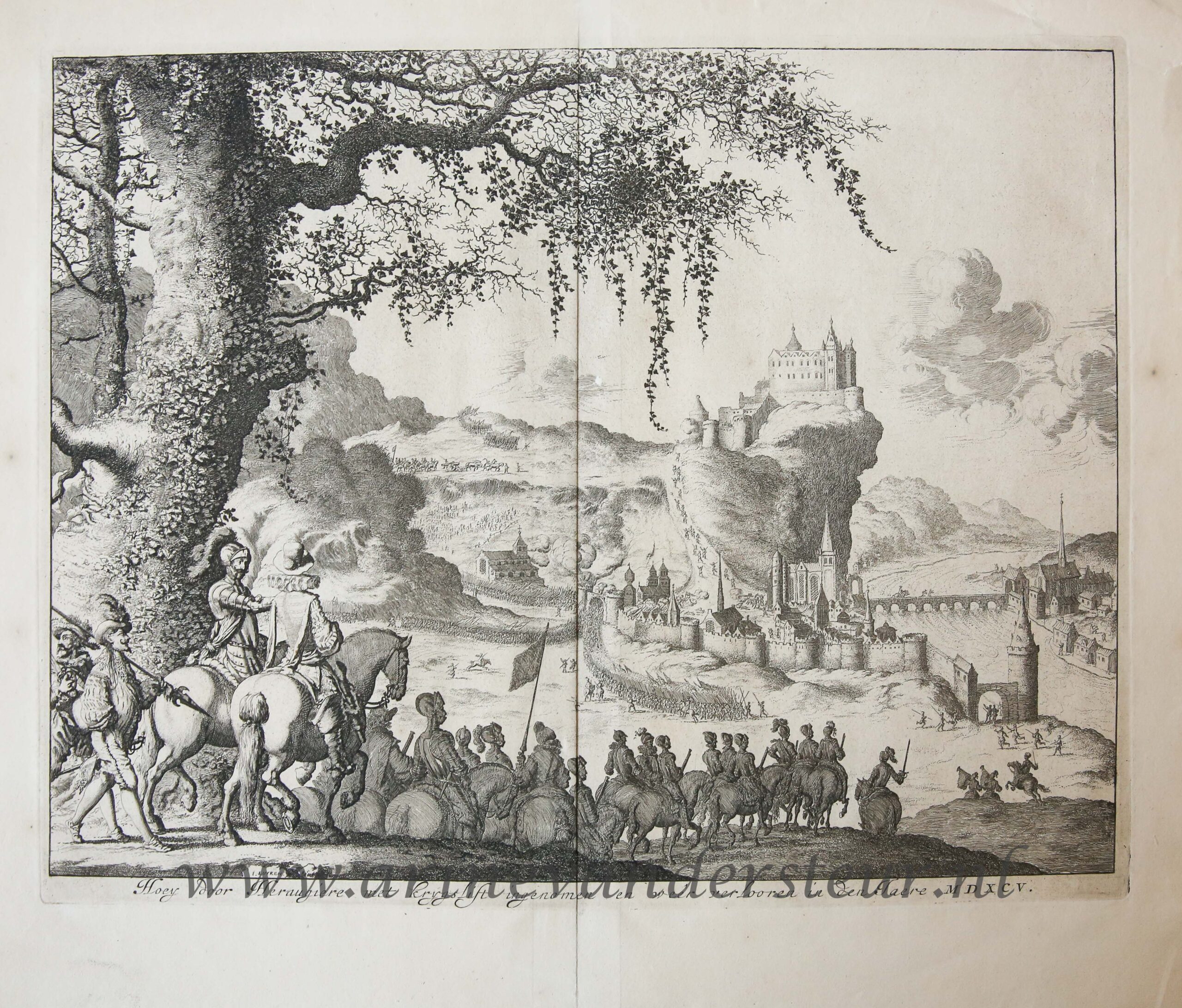 [Antique etching, ets] J. Luyken, Hoey door Heraugiere met krygslift ingenomen en weer verlooren in den jaere MDXCV, published 1684.