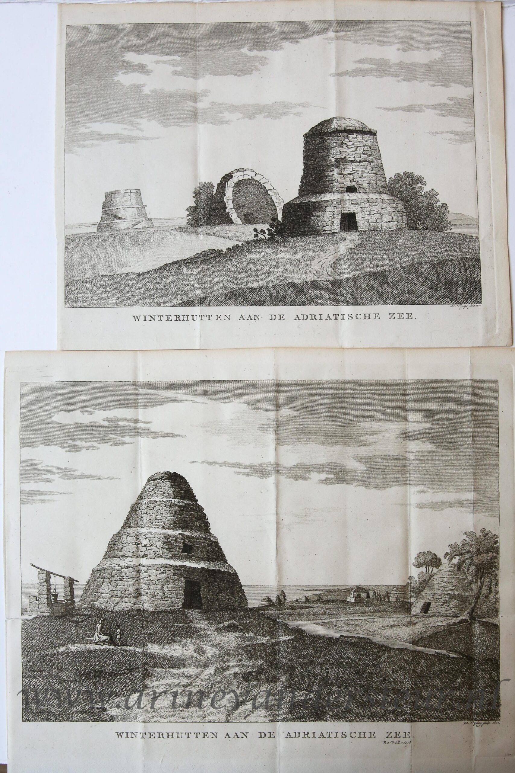 [2 Antique etchings, etsen] D. Vrijdag, Winterhutten aan de Adriatische Zee, published 1800.
