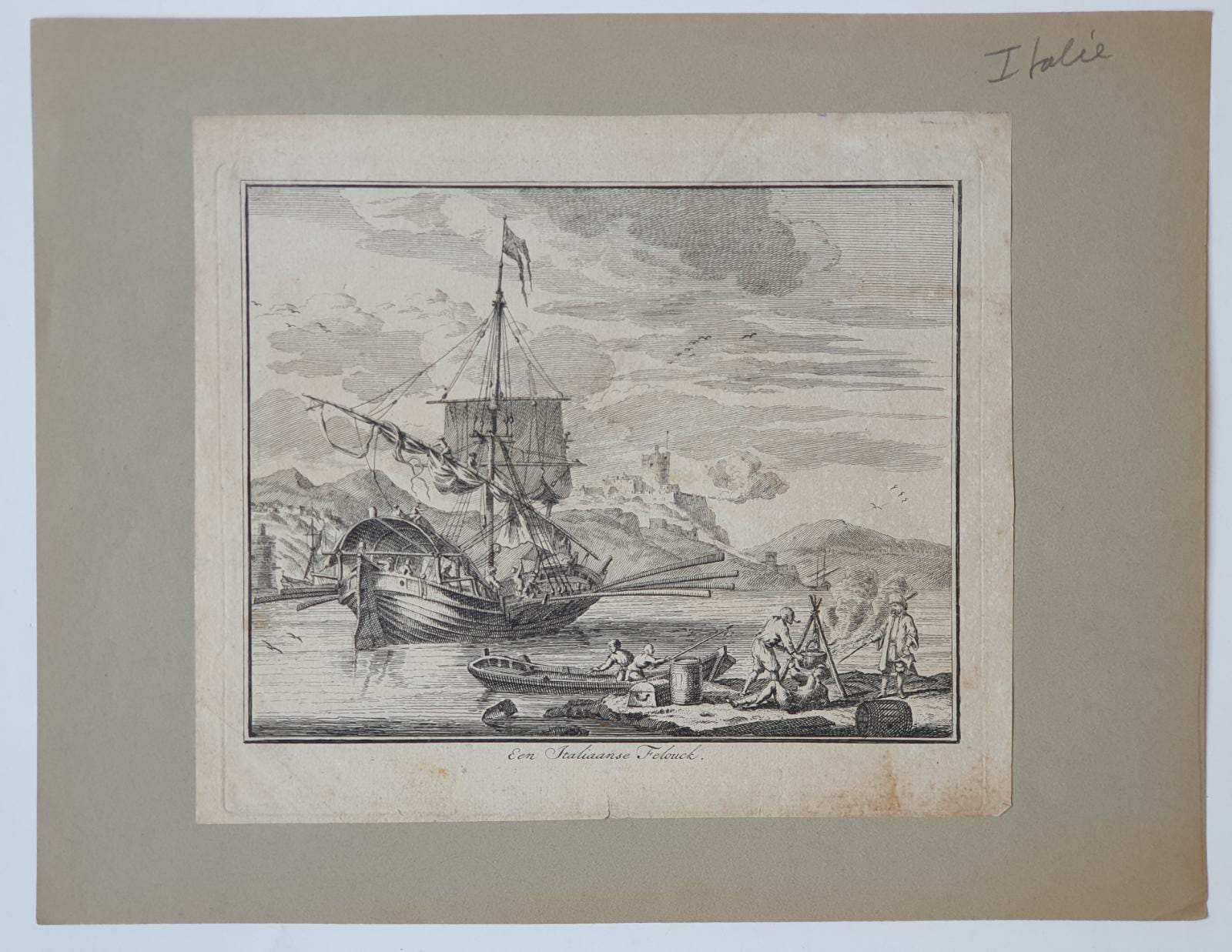 [Antique etching, ets] A.v.d. Laan, Een Italiaanse Felouck, published before 1800.