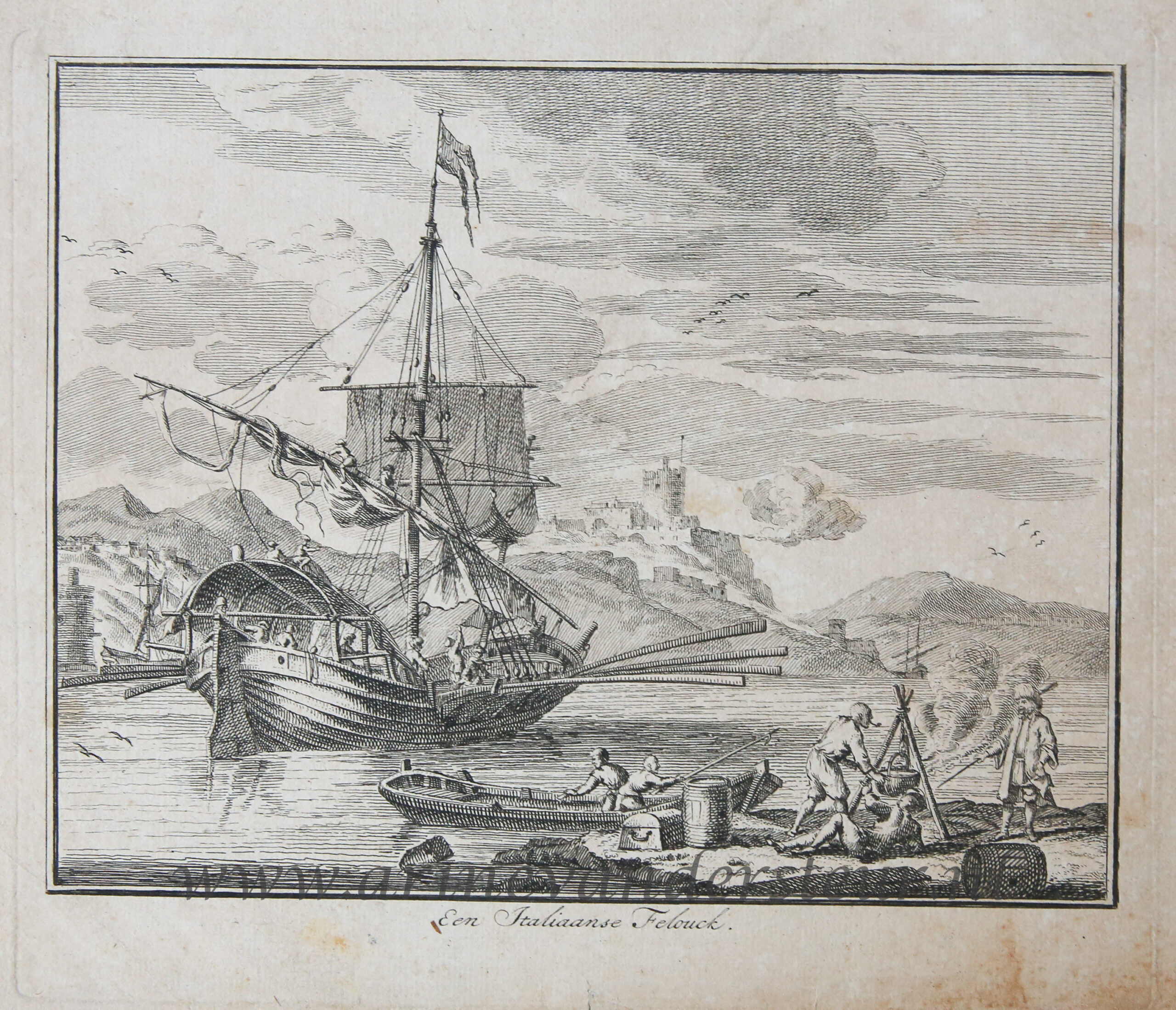 [Antique etching, ets] A.v.d. Laan, Een Italiaanse Felouck, published before 1800.